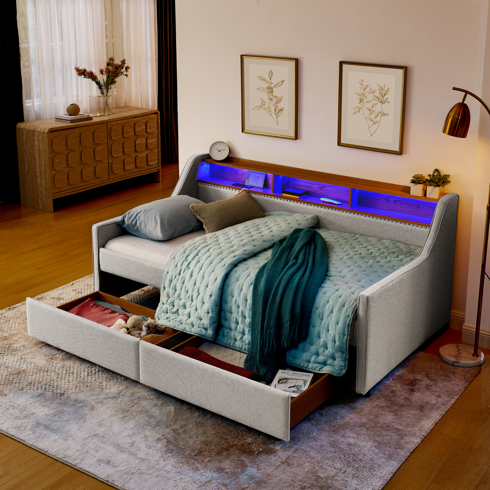 Twin Size Upholstery Sofa Bed with Three LED lights, with Storage Adjustable Headboard, with Two Storage Pull Up drawers and Wireless Charging, Linen Padded Sofa Bed frame, Beige - Image 4