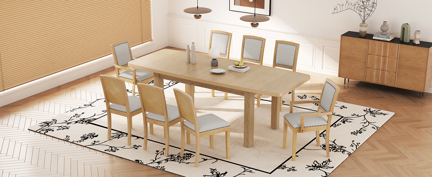 TOPMAX Rustic Extendable 84inch Dining Table Set with 24inch Removable Leaf , 6 Upholstered Armless Dining Chairs and 2 Padded Arm Chairs, 9 Pieces, Natural - Image 3