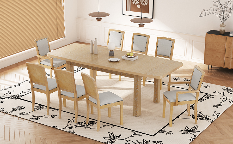TOPMAX Rustic Extendable 84inch Dining Table Set with 24inch Removable Leaf , 6 Upholstered Armless Dining Chairs and 2 Padded Arm Chairs, 9 Pieces, Natural - Image 4