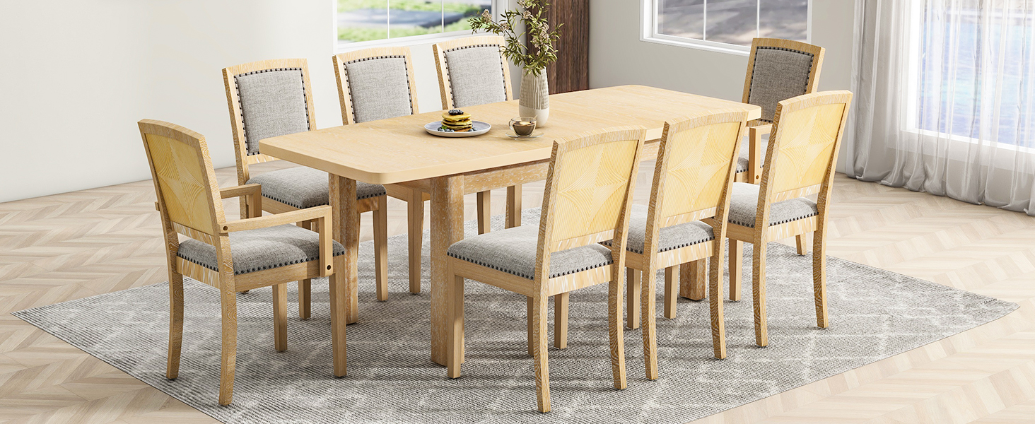 TOPMAX Rustic Extendable 84inch Dining Table Set with 24inch Removable Leaf , 6 Upholstered Armless Dining Chairs and 2 Padded Arm Chairs, 9 Pieces, Natural - Image 5