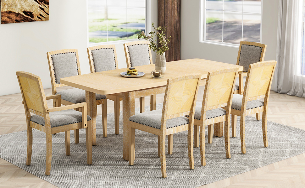 TOPMAX Rustic Extendable 84inch Dining Table Set with 24inch Removable Leaf , 6 Upholstered Armless Dining Chairs and 2 Padded Arm Chairs, 9 Pieces, Natural - Image 6