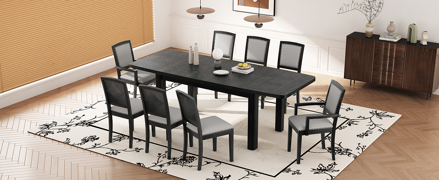 TOPMAX Rustic Extendable 84inch Dining Table Set with 24inch Removable Leaf , 6 Upholstered Armless Dining Chairs and 2 Padded Arm Chairs, 9 Pieces, Black - Image 3