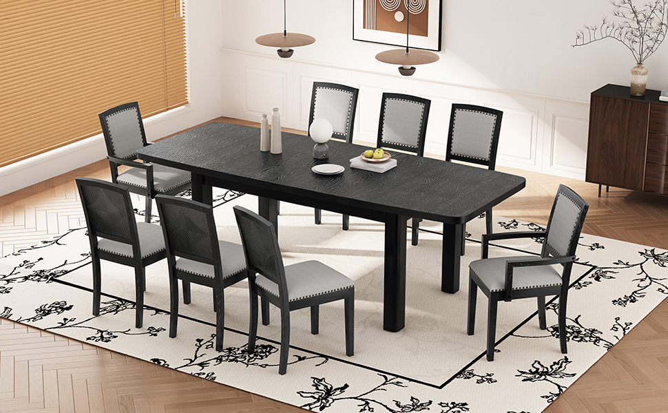 TOPMAX Rustic Extendable 84inch Dining Table Set with 24inch Removable Leaf , 6 Upholstered Armless Dining Chairs and 2 Padded Arm Chairs, 9 Pieces, Black - Image 4
