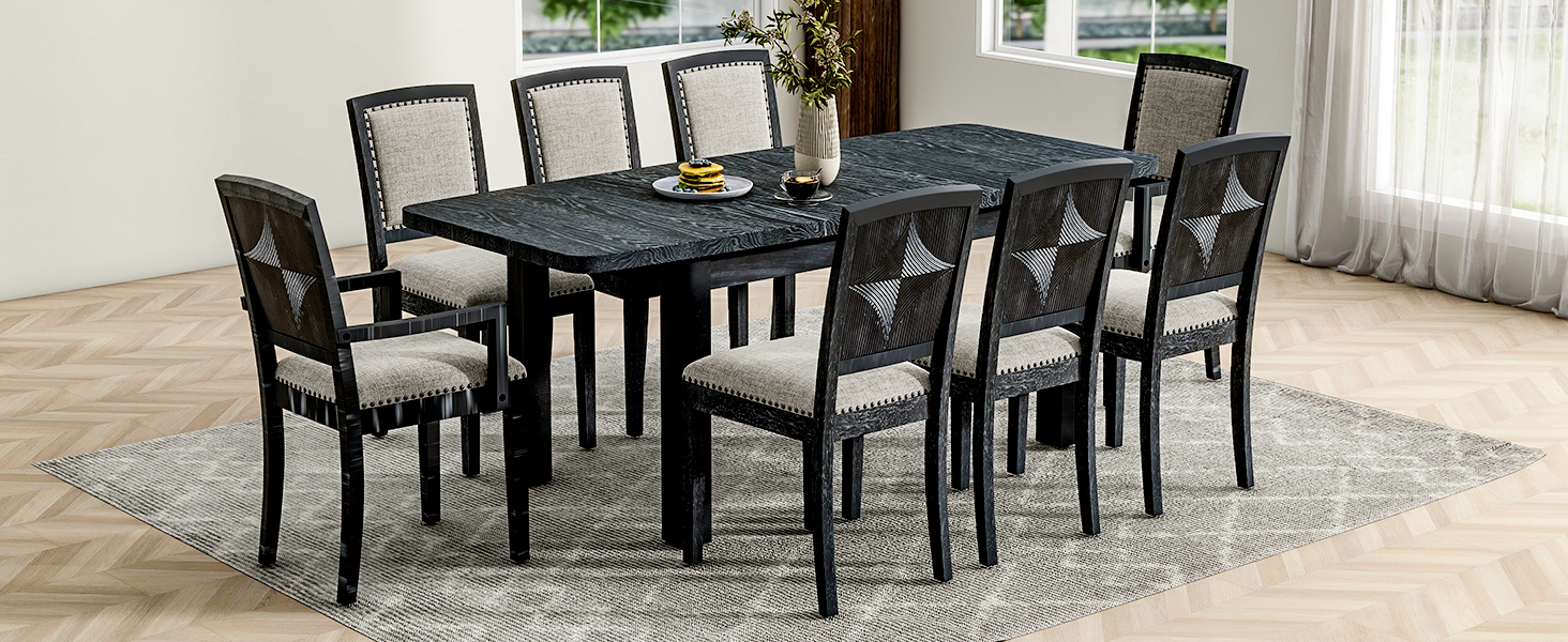 TOPMAX Rustic Extendable 84inch Dining Table Set with 24inch Removable Leaf , 6 Upholstered Armless Dining Chairs and 2 Padded Arm Chairs, 9 Pieces, Black - Image 5
