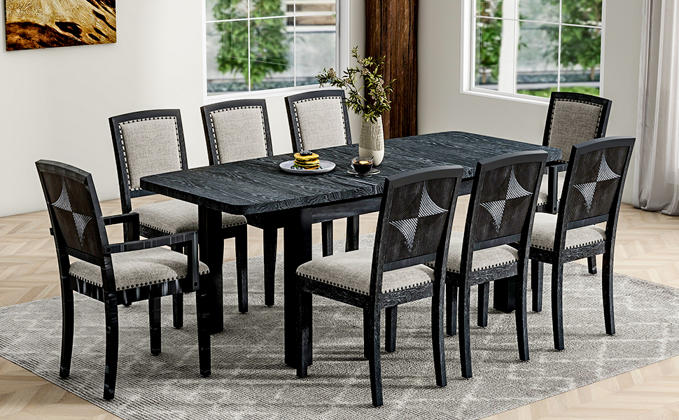 TOPMAX Rustic Extendable 84inch Dining Table Set with 24inch Removable Leaf , 6 Upholstered Armless Dining Chairs and 2 Padded Arm Chairs, 9 Pieces, Black - Image 6