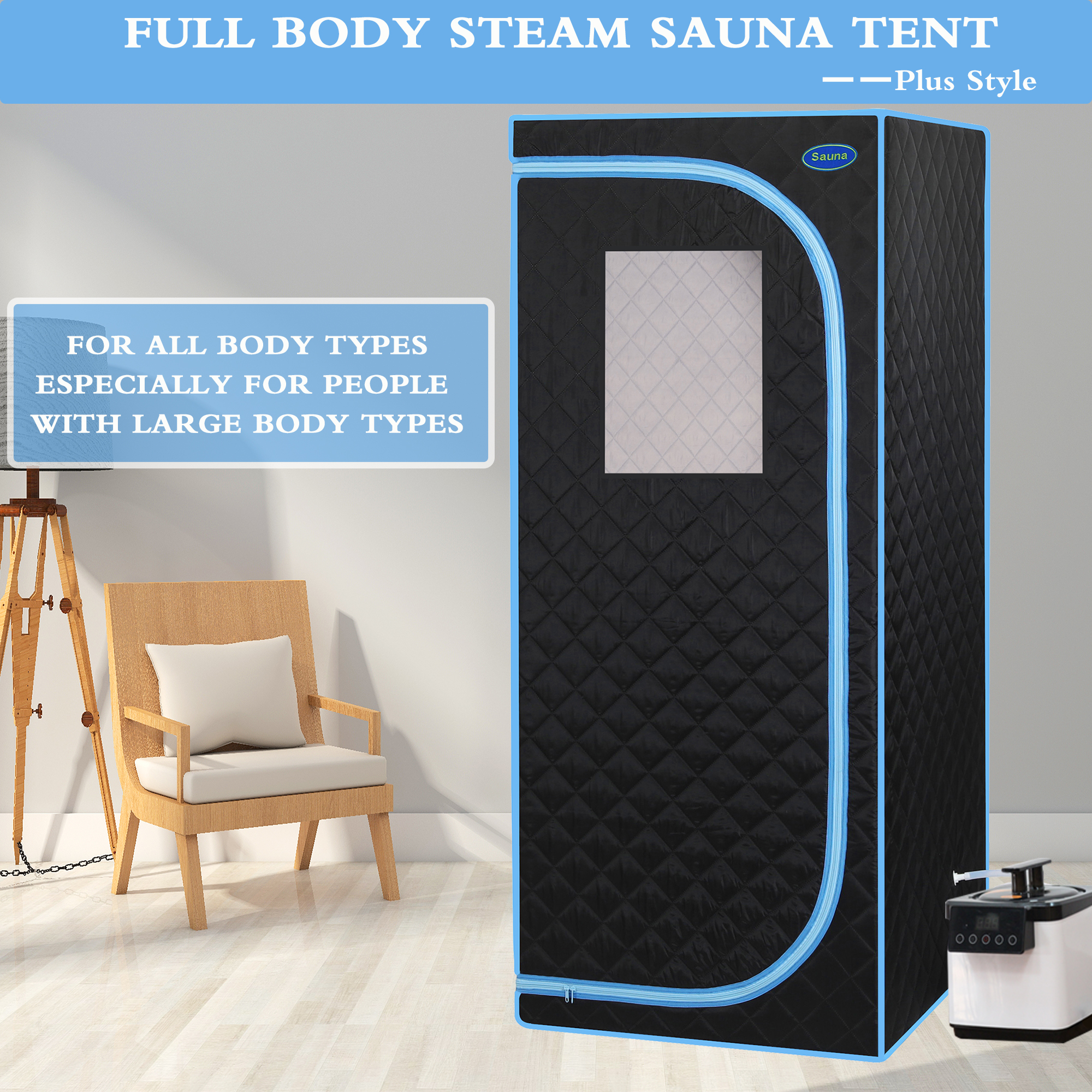 Portable Plus Type Full Size Steam Sauna tent. Spa, Detox ,Therapy and Relaxation at home.Larger Space,Stainless Steel Pipes Connector Easy to Install, with FCC Certification--Black(Blue binding) - Image 2
