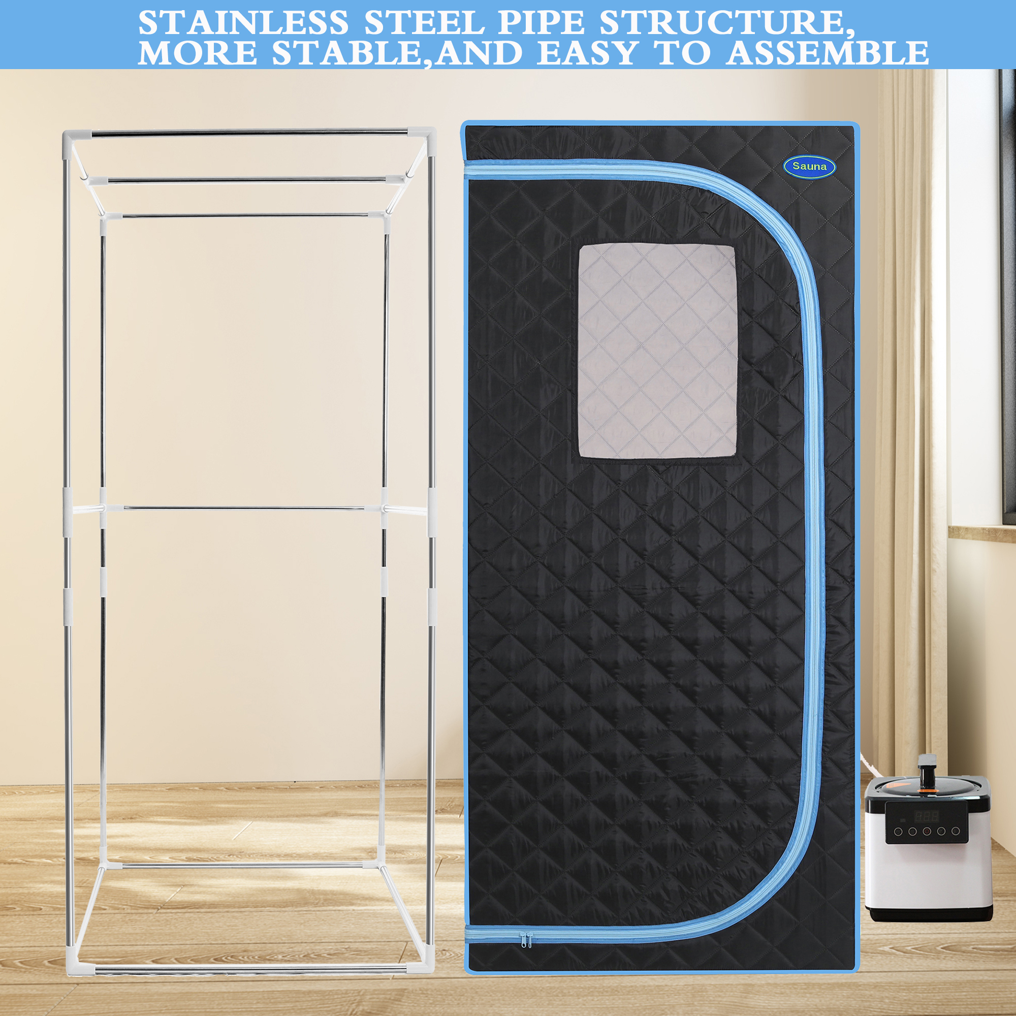 Portable Plus Type Full Size Steam Sauna tent. Spa, Detox ,Therapy and Relaxation at home.Larger Space,Stainless Steel Pipes Connector Easy to Install, with FCC Certification--Black(Blue binding) - Image 3