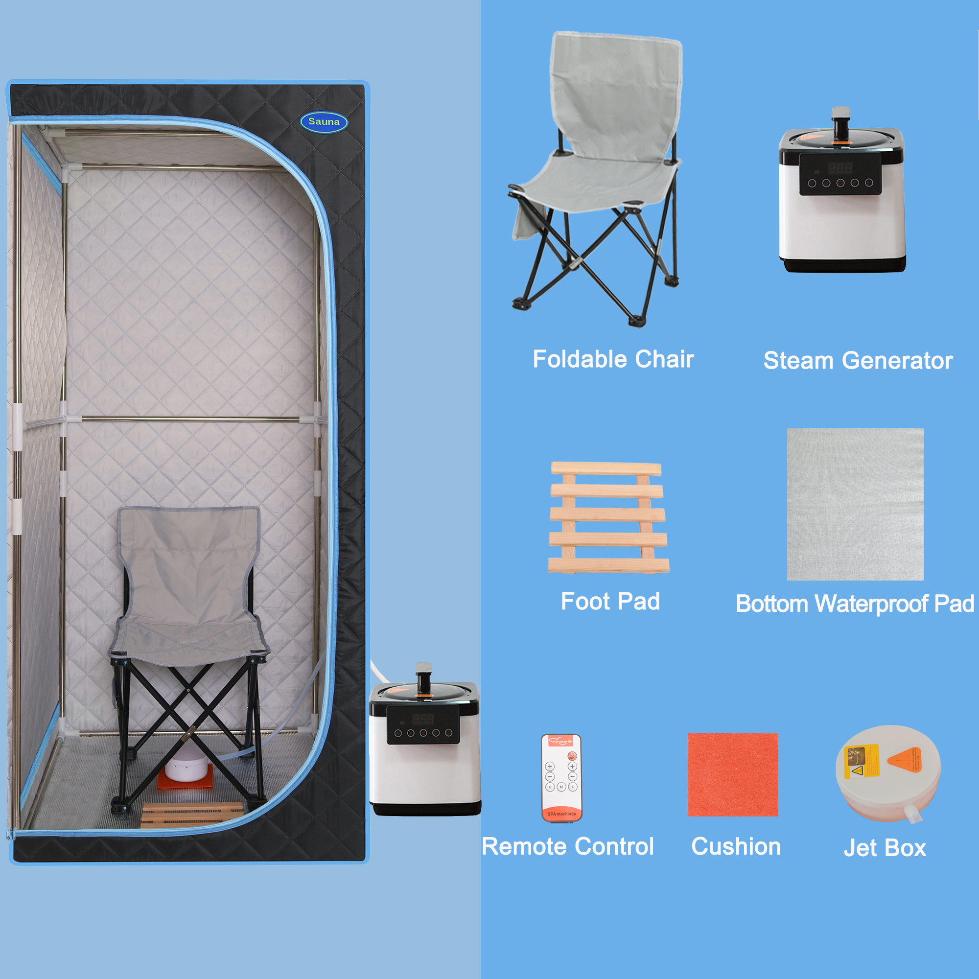 Portable Plus Type Full Size Steam Sauna tent. Spa, Detox ,Therapy and Relaxation at home.Larger Space,Stainless Steel Pipes Connector Easy to Install, with FCC Certification--Black(Blue binding) - Image 4