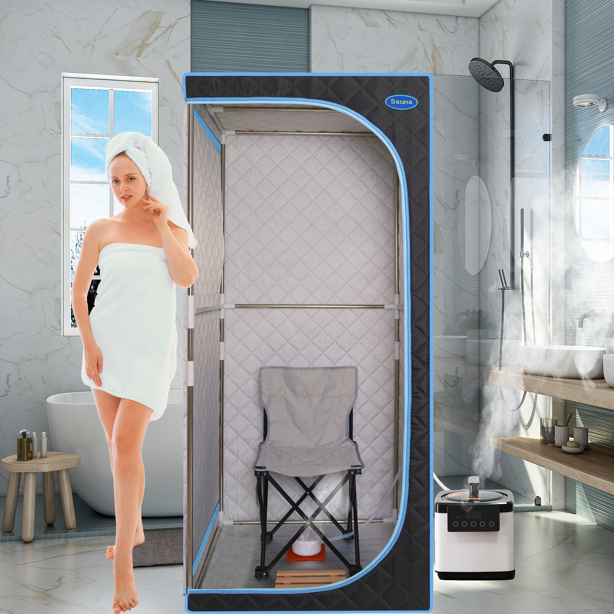 Portable Plus Type Full Size Steam Sauna tent. Spa, Detox ,Therapy and Relaxation at home.Larger Space,Stainless Steel Pipes Connector Easy to Install, with FCC Certification--Black(Blue binding) - Image 6