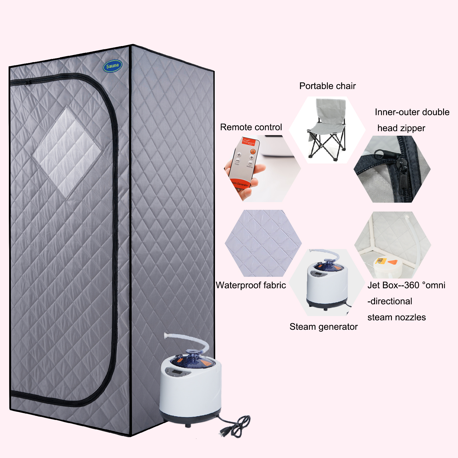 Full Size Portable Grey Steam Sauna tent–Personal Home Spa, with Steam Generator, Remote Control, Foldable Chair, Timer and PVC Pipe Connector Easy to Install.Fast heating, with FCC Certification - Image 4