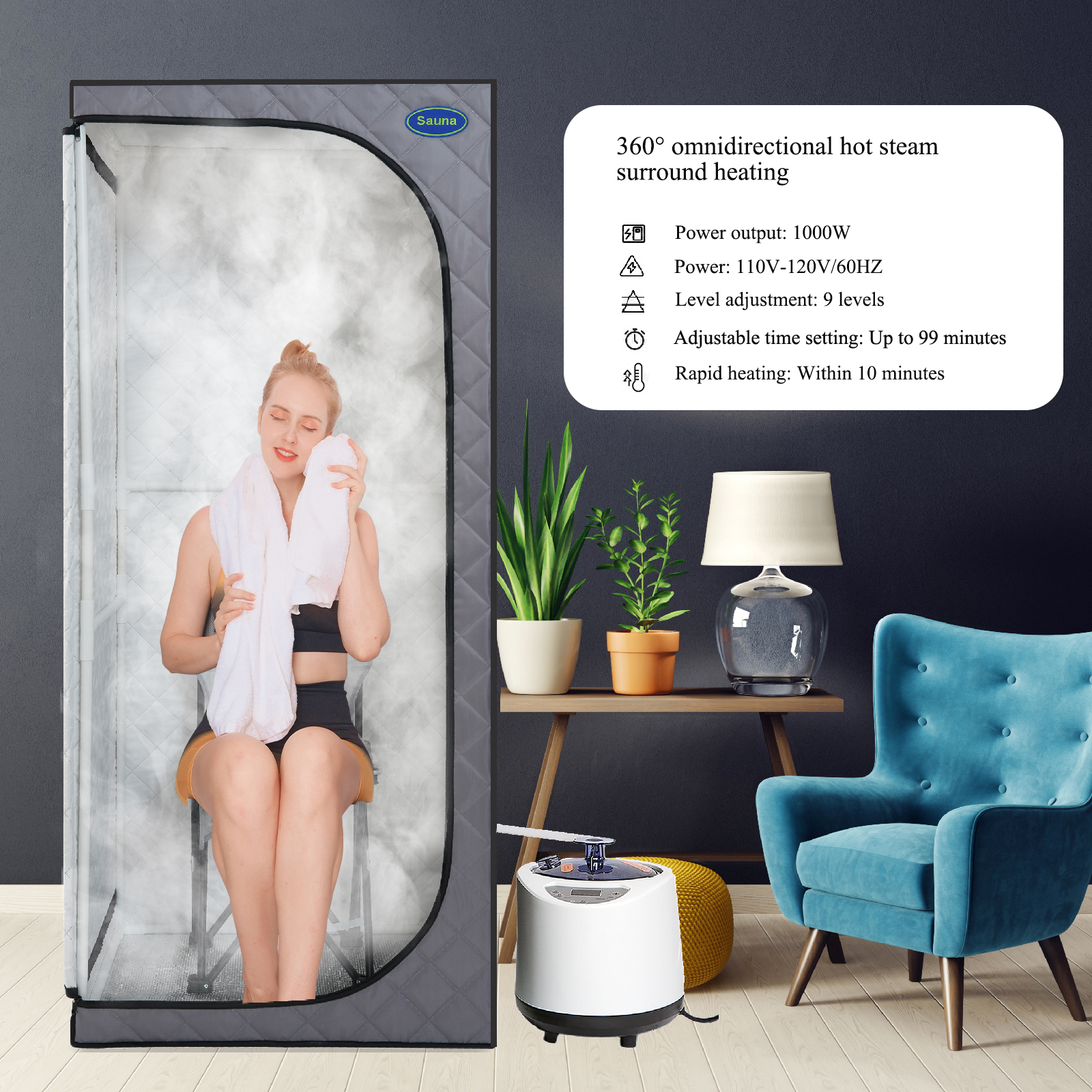 Full Size Portable Grey Steam Sauna tent–Personal Home Spa, with Steam Generator, Remote Control, Foldable Chair, Timer and PVC Pipe Connector Easy to Install.Fast heating, with FCC Certification - Image 5