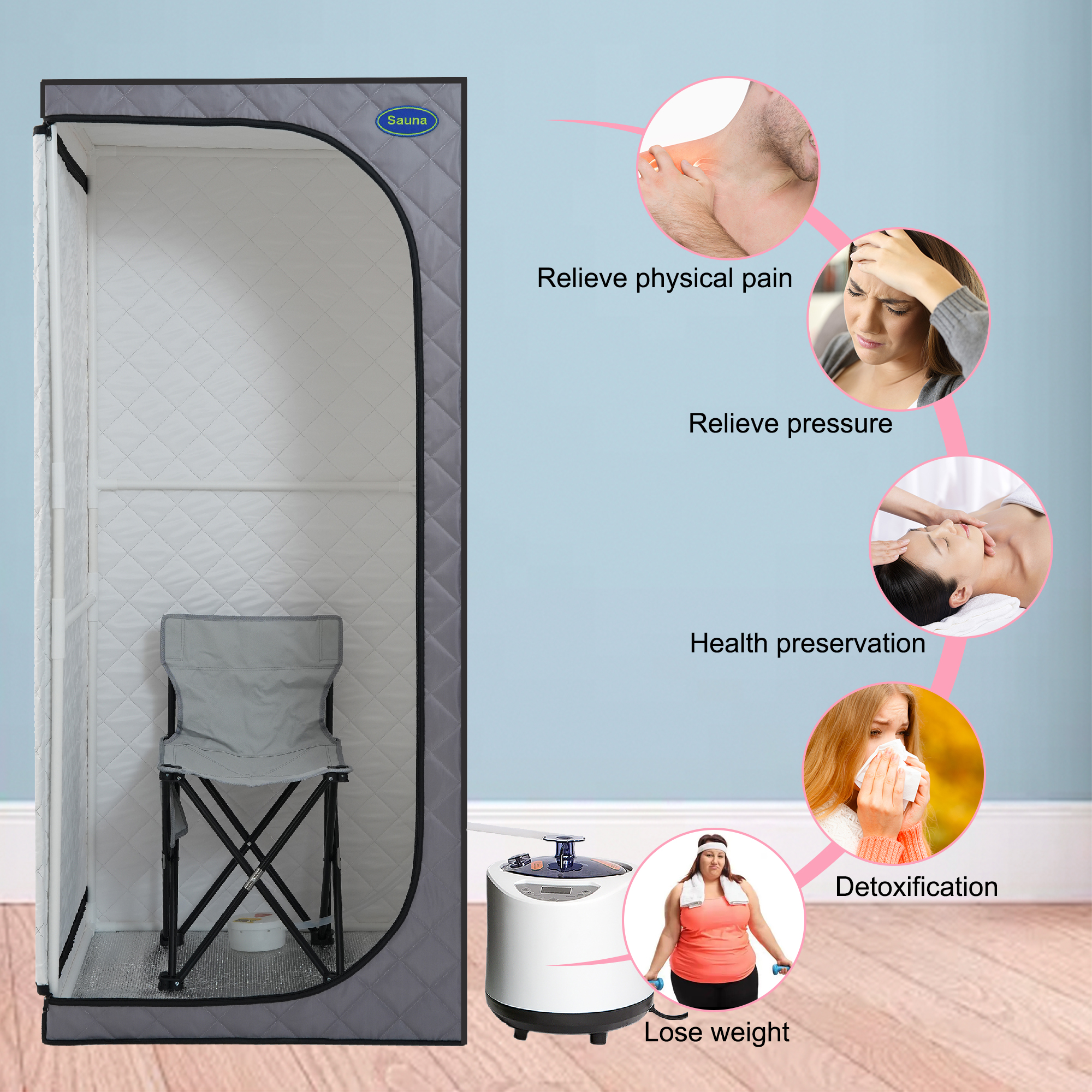 Full Size Portable Grey Steam Sauna tent–Personal Home Spa, with Steam Generator, Remote Control, Foldable Chair, Timer and PVC Pipe Connector Easy to Install.Fast heating, with FCC Certification - Image 6