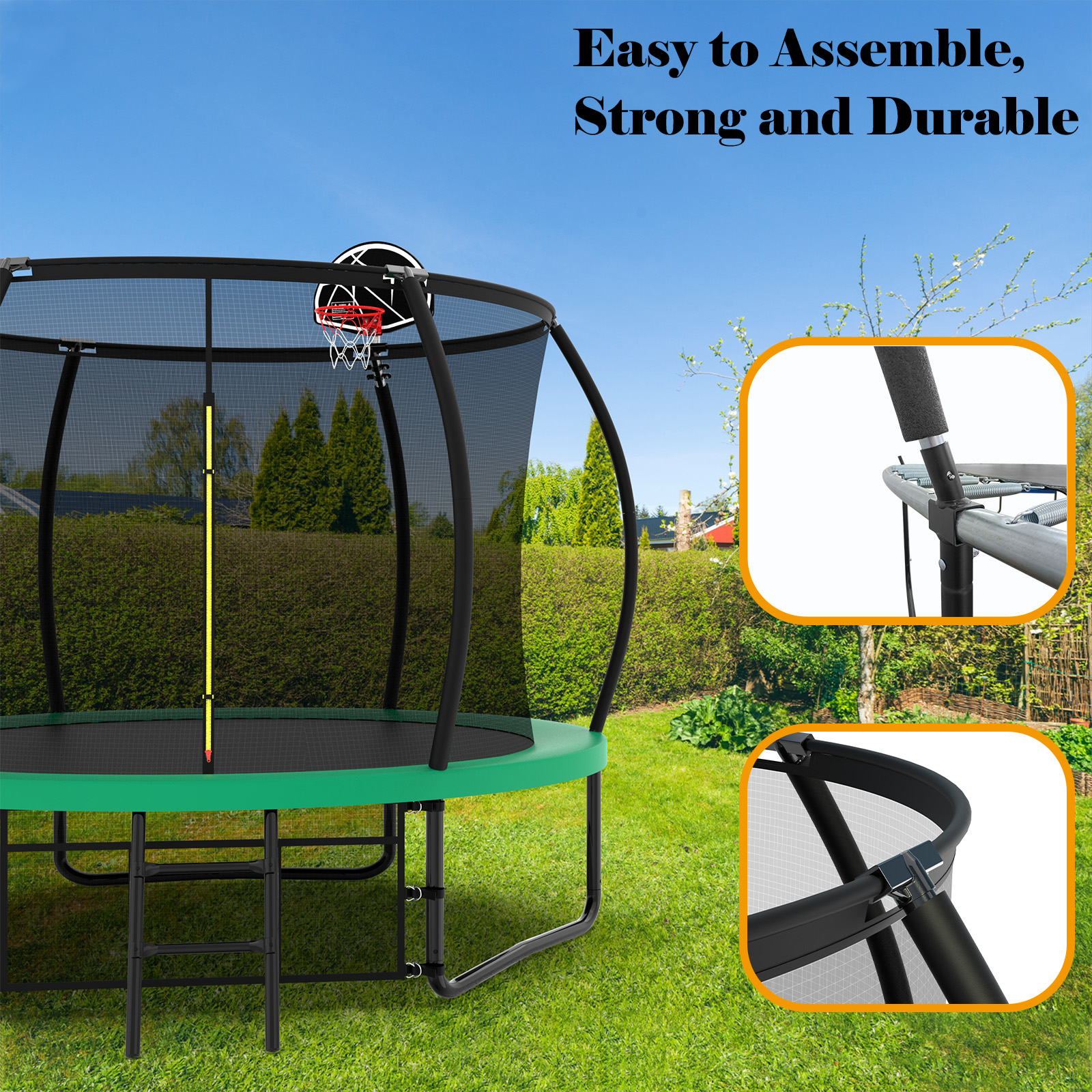 10FT Pumpkin Trampoline, Outdoor Trampoline with Basketball Hoop, Enclosure Net and Ladder - Image 5