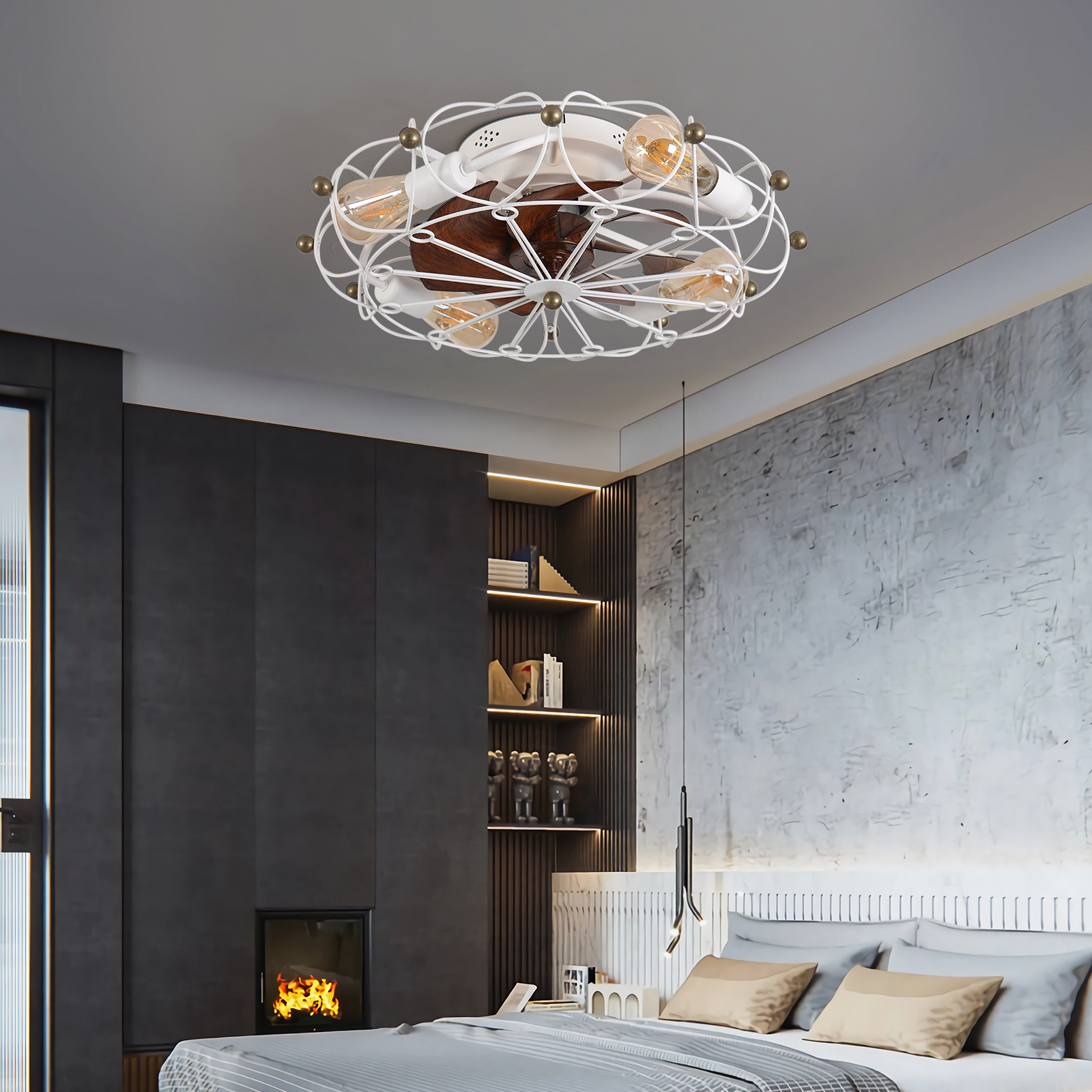 Low Profile Caged Ceiling Fan with Lights Remote Control, Embedded modern industrial ceiling fan - Image 3