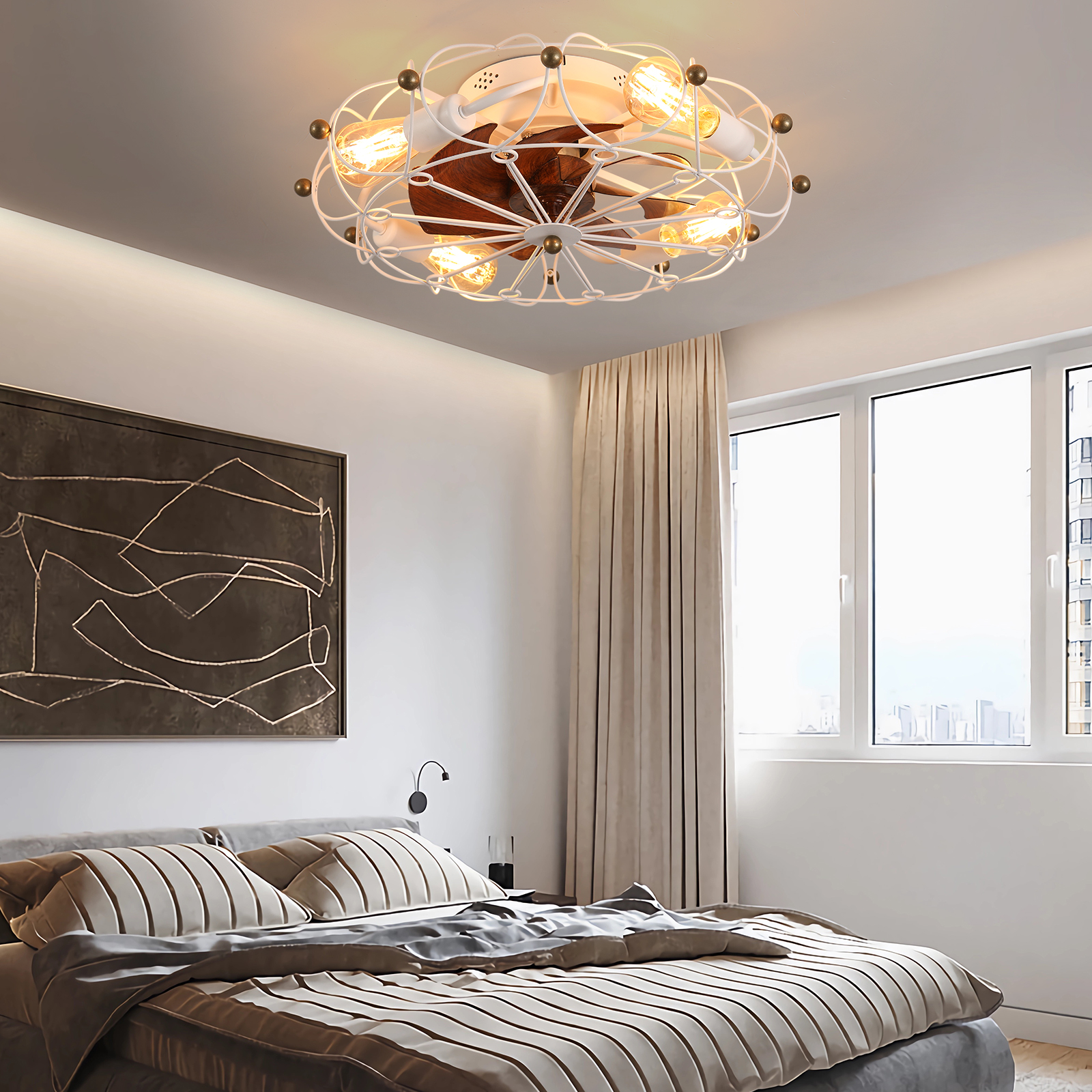 Low Profile Caged Ceiling Fan with Lights Remote Control, Embedded modern industrial ceiling fan - Image 2