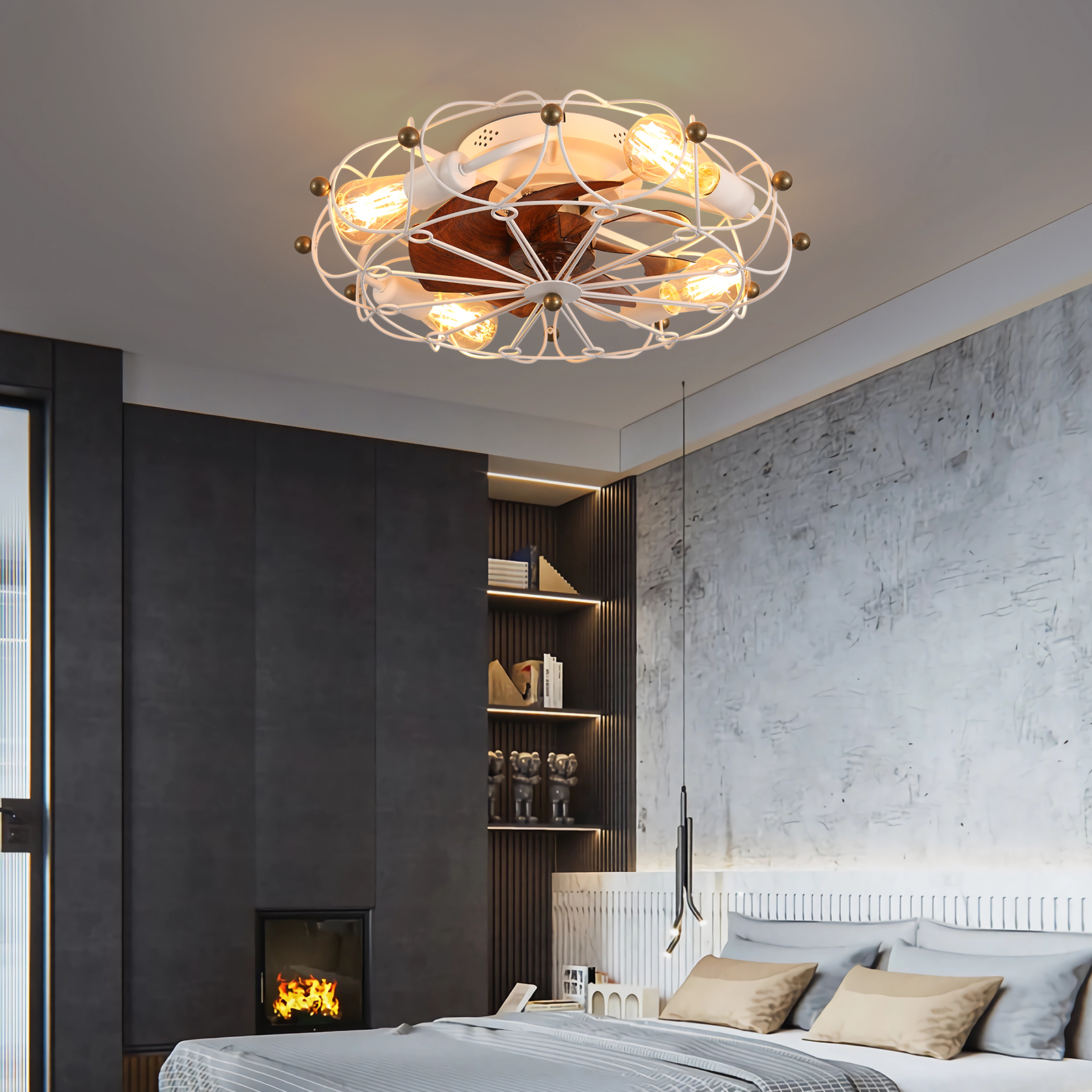 Low Profile Caged Ceiling Fan with Lights Remote Control, Embedded modern industrial ceiling fan - Image 4