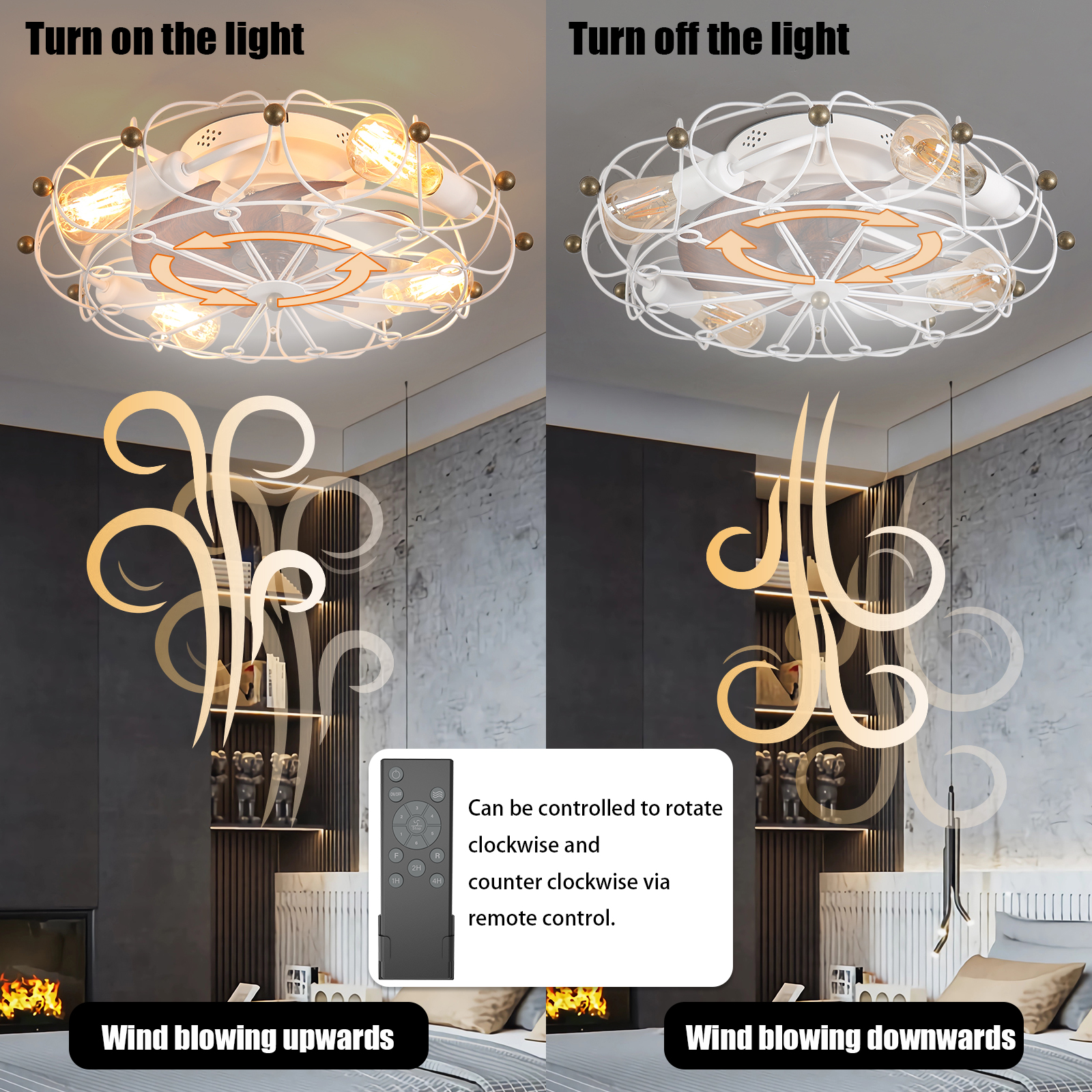 Low Profile Caged Ceiling Fan with Lights Remote Control, Embedded modern industrial ceiling fan - Image 5