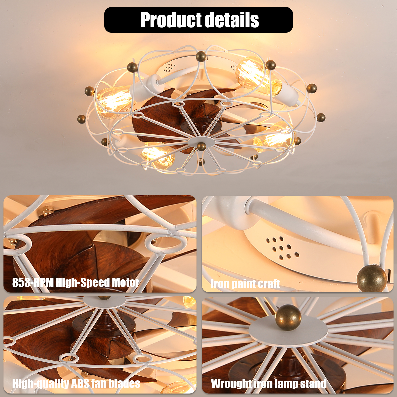 Low Profile Caged Ceiling Fan with Lights Remote Control, Embedded modern industrial ceiling fan - Image 6