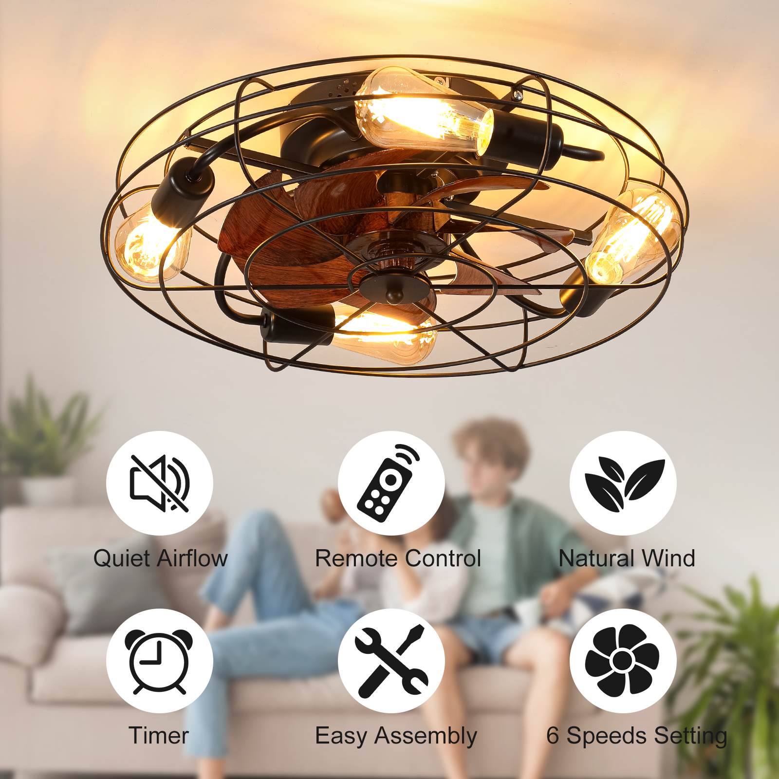 Caged Ceiling Fan With Light, 20'' farmhouse Low Profile Ceiling fan Lights With Remote Control, Modern Enclosed 4x E26 Bulb Ceiling Fans With Reversible Motor Living Room Bedroom Kitchen, Black - Image 2