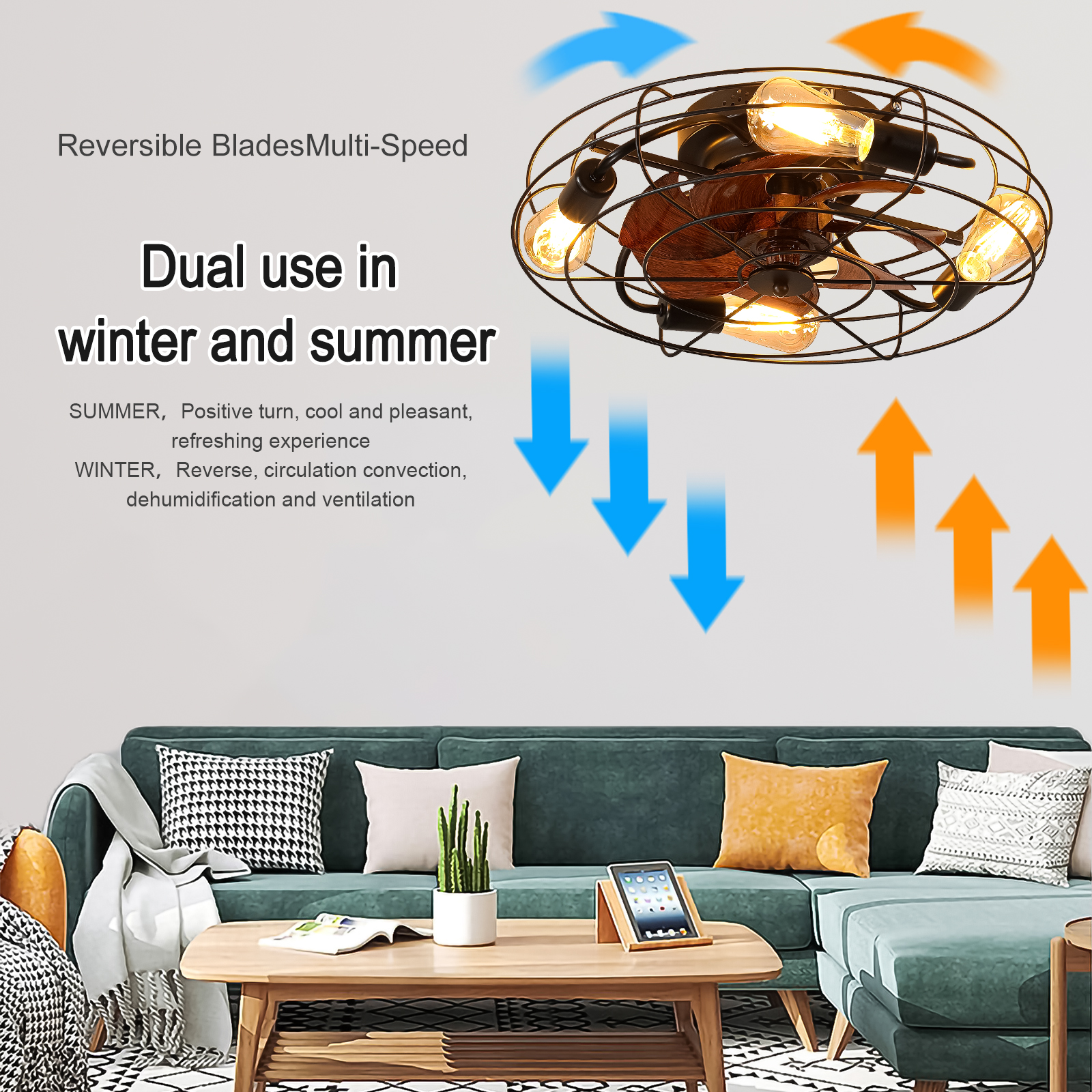 Caged Ceiling Fan With Light, 20'' farmhouse Low Profile Ceiling fan Lights With Remote Control, Modern Enclosed 4x E26 Bulb Ceiling Fans With Reversible Motor Living Room Bedroom Kitchen, Black - Image 3