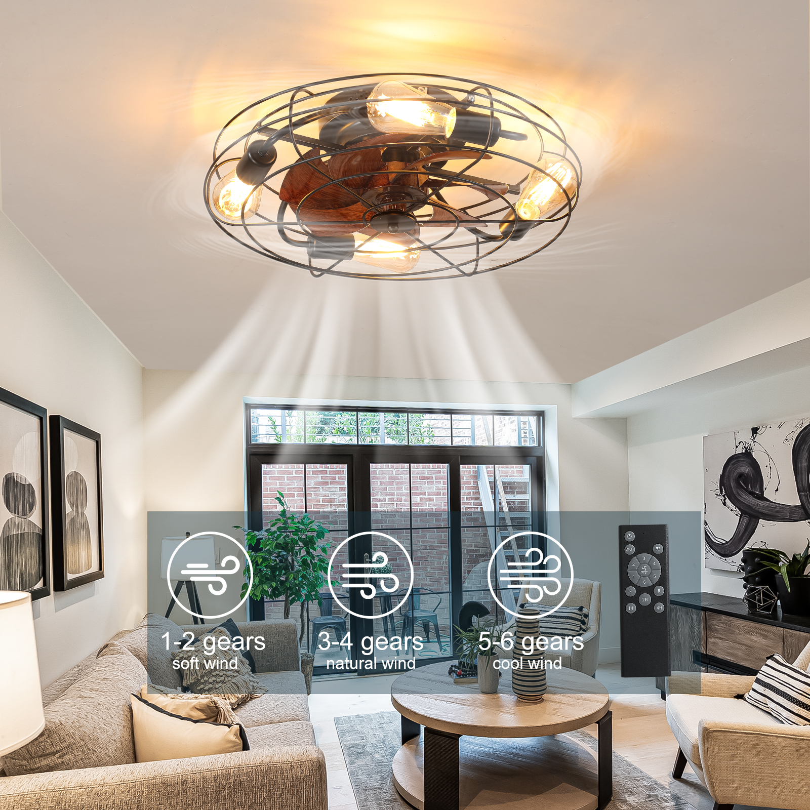 Caged Ceiling Fan With Light, 20'' farmhouse Low Profile Ceiling fan Lights With Remote Control, Modern Enclosed 4x E26 Bulb Ceiling Fans With Reversible Motor Living Room Bedroom Kitchen, Black - Image 5