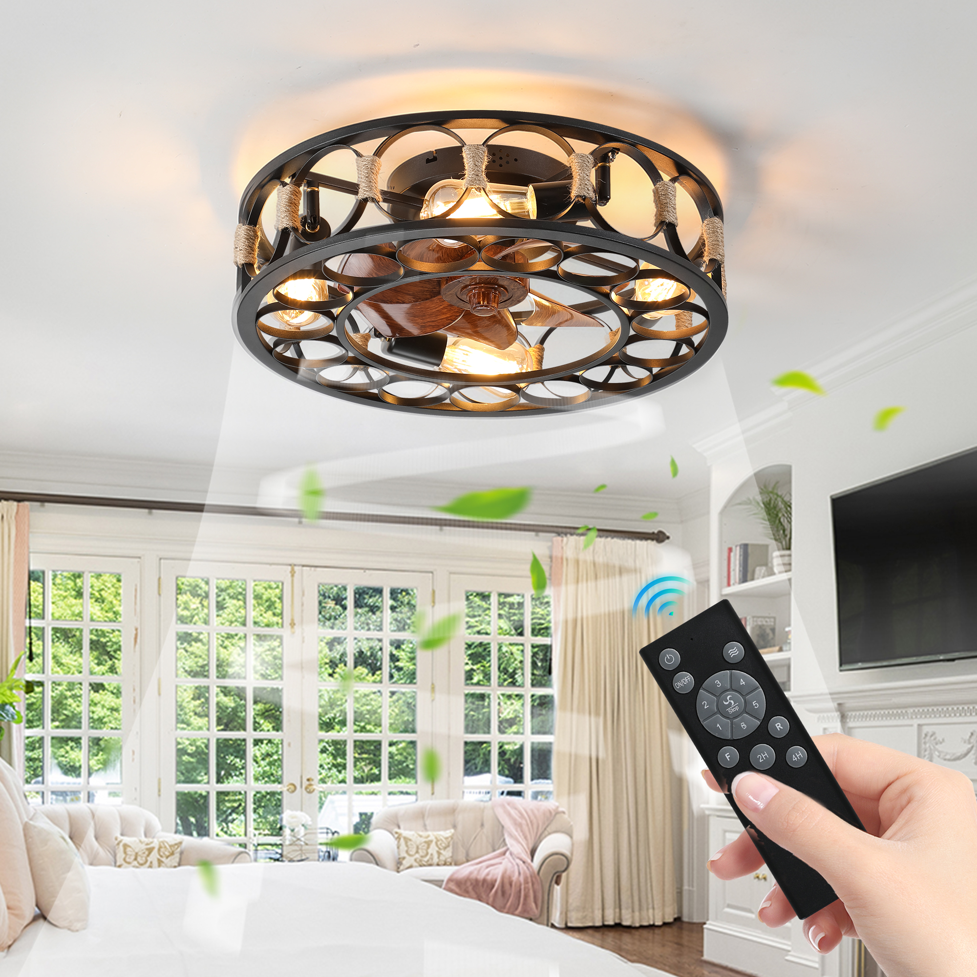 Caged Ceiling Fan with Lights Remote Control, Low Profile Flush Mount Farmhouse Modern Ceiling fans, 6 Speeds Reversible Blades, 5 LED Bulbs Include(Black) - Image 2