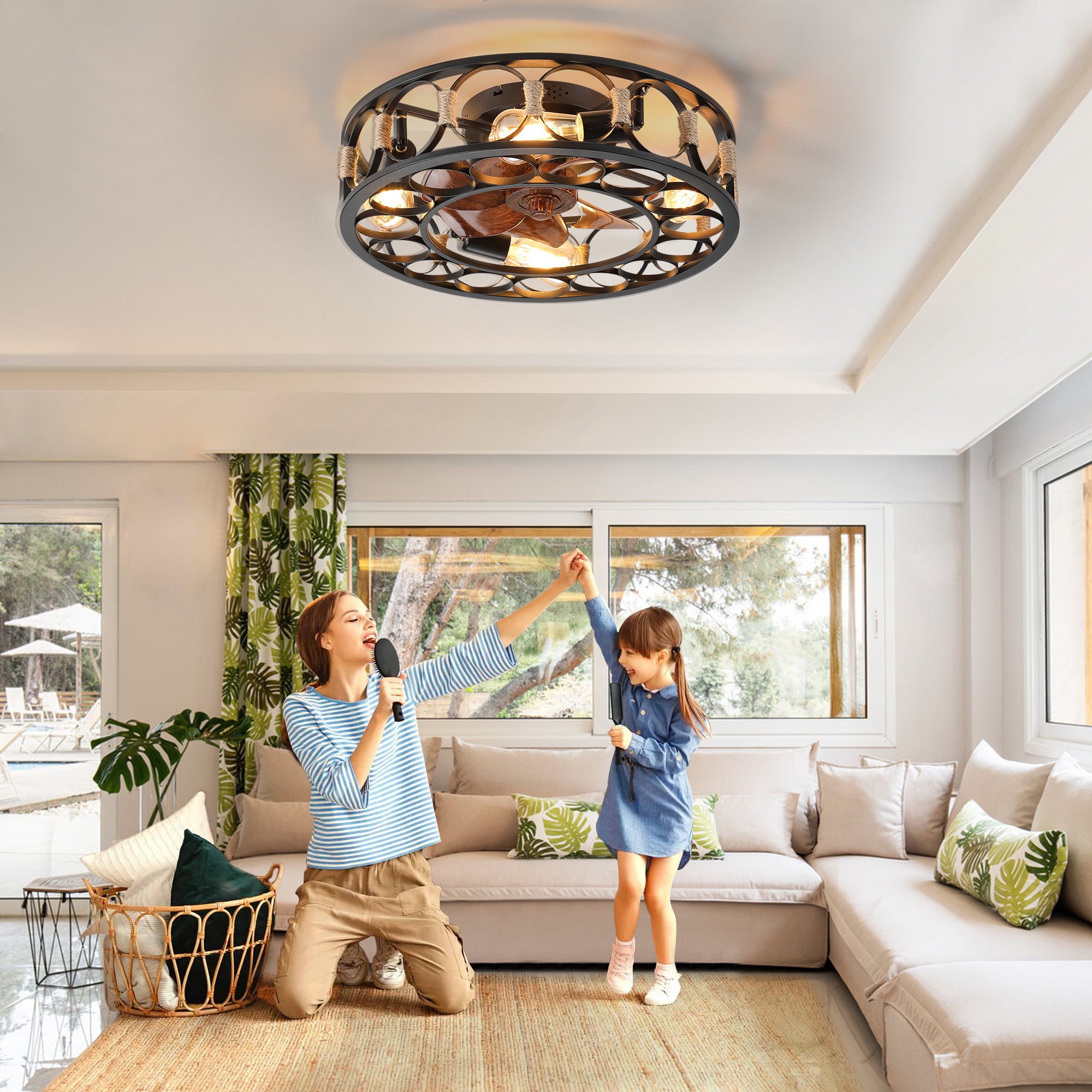 Caged Ceiling Fan with Lights Remote Control, Low Profile Flush Mount Farmhouse Modern Ceiling fans, 6 Speeds Reversible Blades, 5 LED Bulbs Include(Black) - Image 3