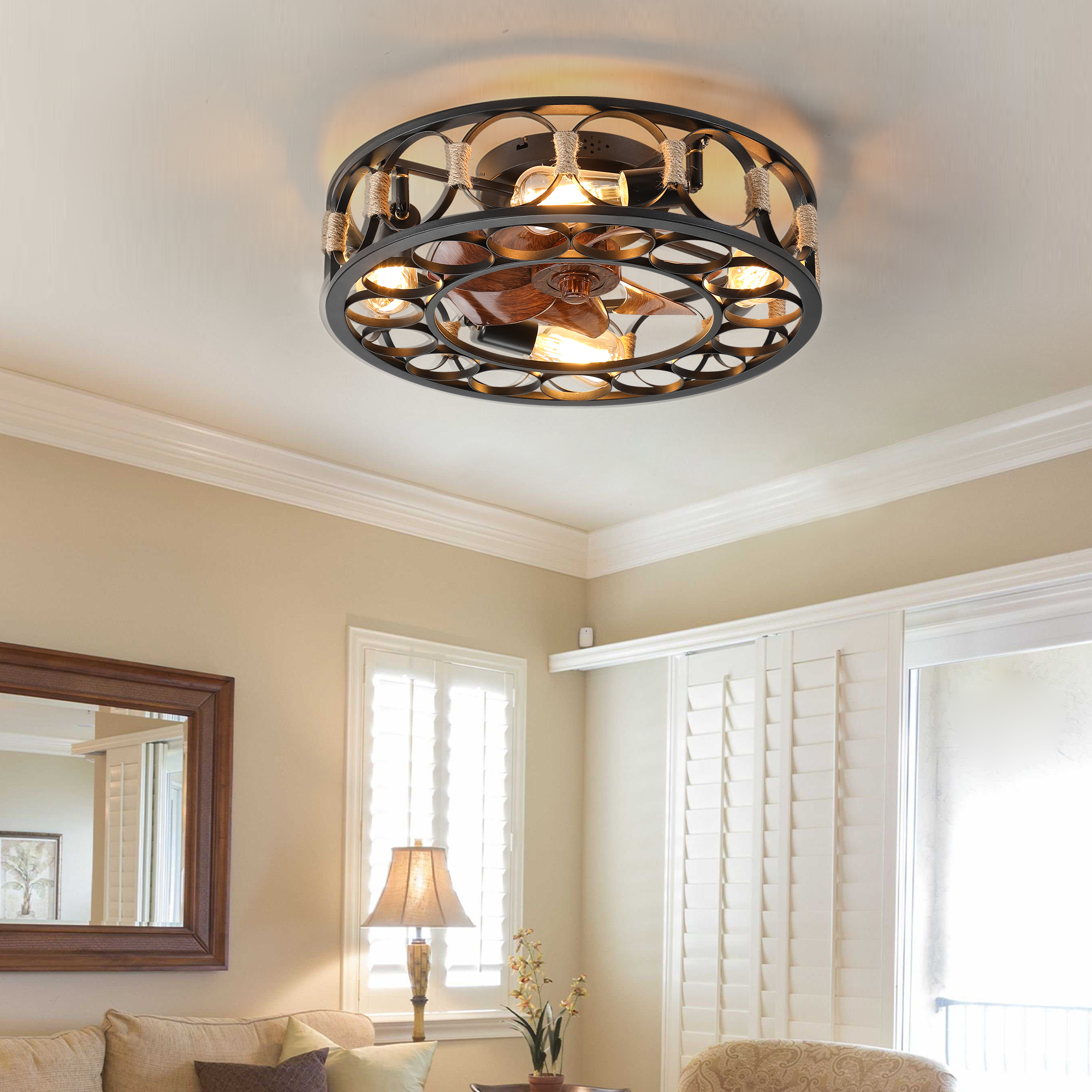 Caged Ceiling Fan with Lights Remote Control, Low Profile Flush Mount Farmhouse Modern Ceiling fans, 6 Speeds Reversible Blades, 5 LED Bulbs Include(Black) - Image 4