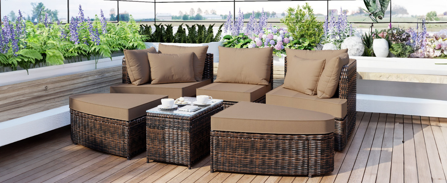 TOPMAX 6-Piece Patio Outdoor Conversation Round Sofa Set, PE Wicker Rattan Separate Seating Group with Coffee Table, Brown - Image 3