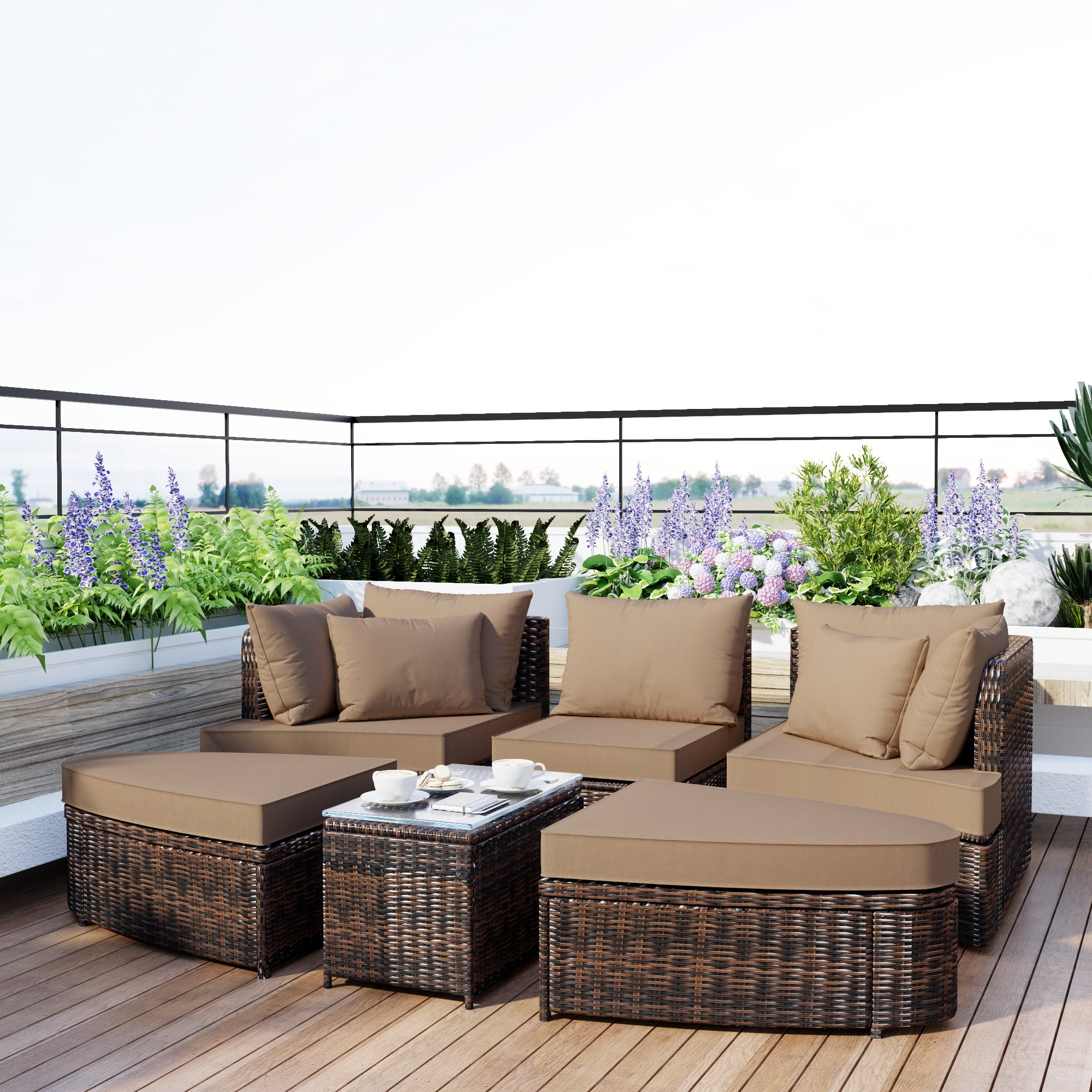 TOPMAX 6-Piece Patio Outdoor Conversation Round Sofa Set, PE Wicker Rattan Separate Seating Group with Coffee Table, Brown - Image 5