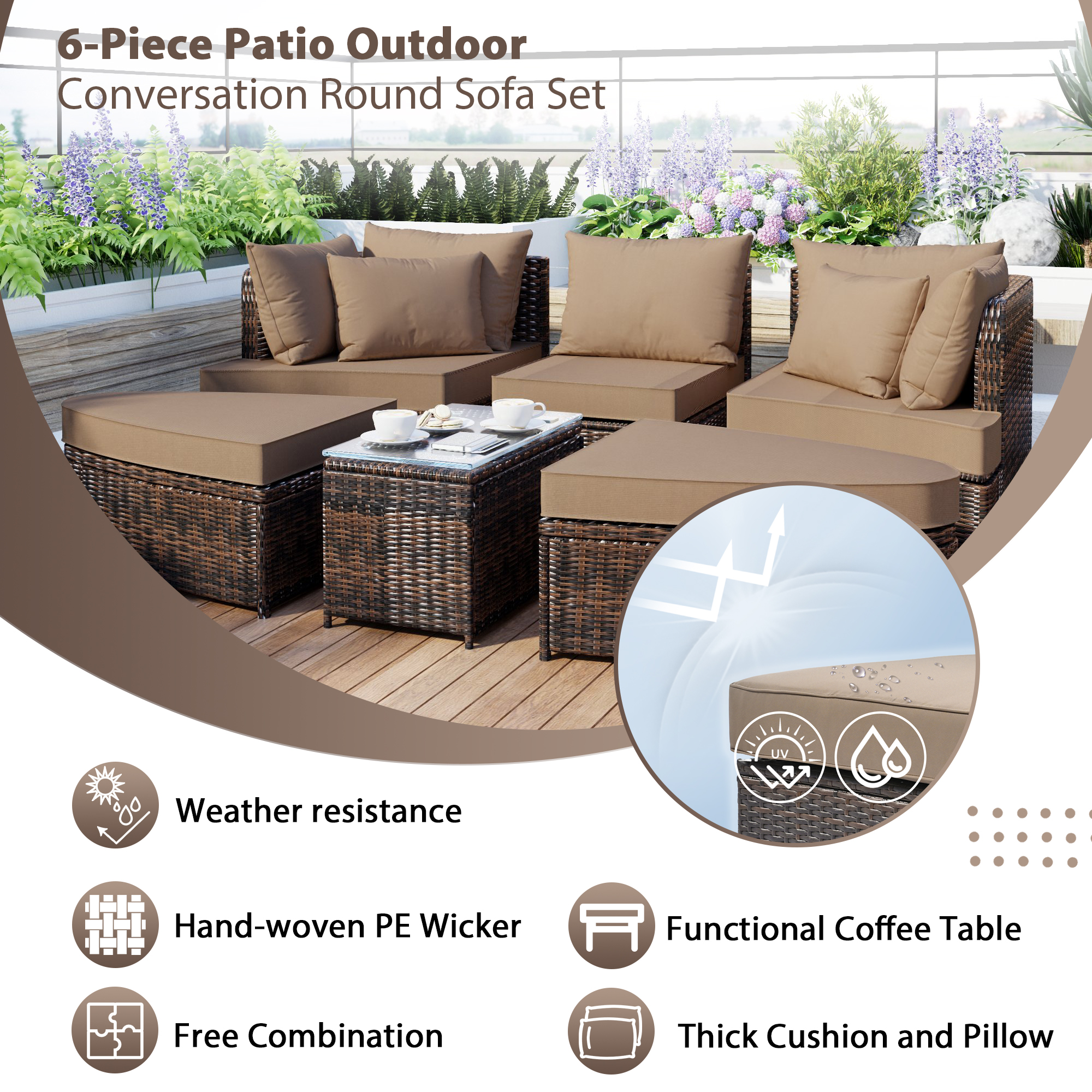 TOPMAX 6-Piece Patio Outdoor Conversation Round Sofa Set, PE Wicker Rattan Separate Seating Group with Coffee Table, Brown - Image 6