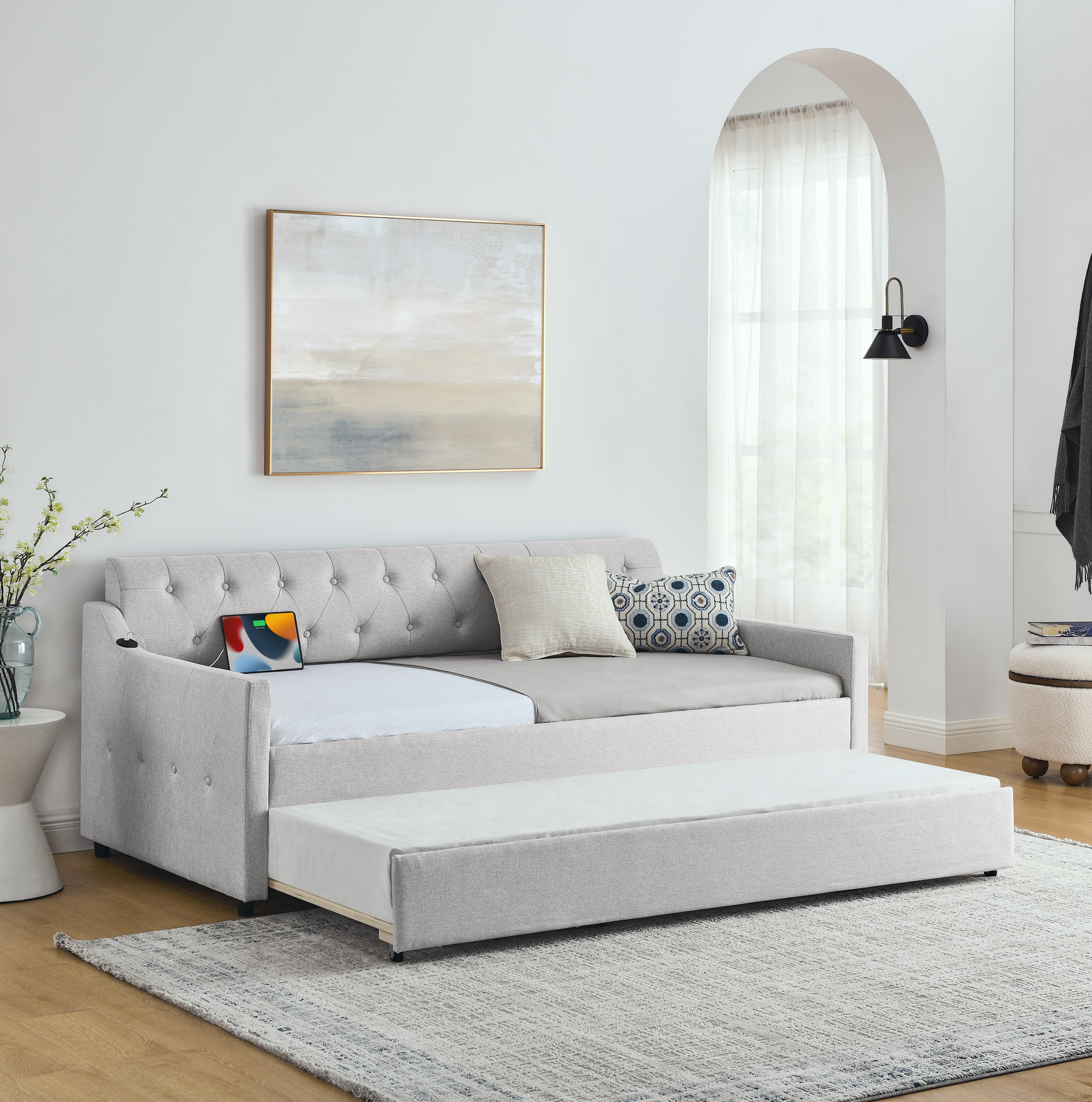 Twin Size Upholstery DayBed with Twin Size Erectable Trundle and USB Charging Design, Linen Beige - Image 2