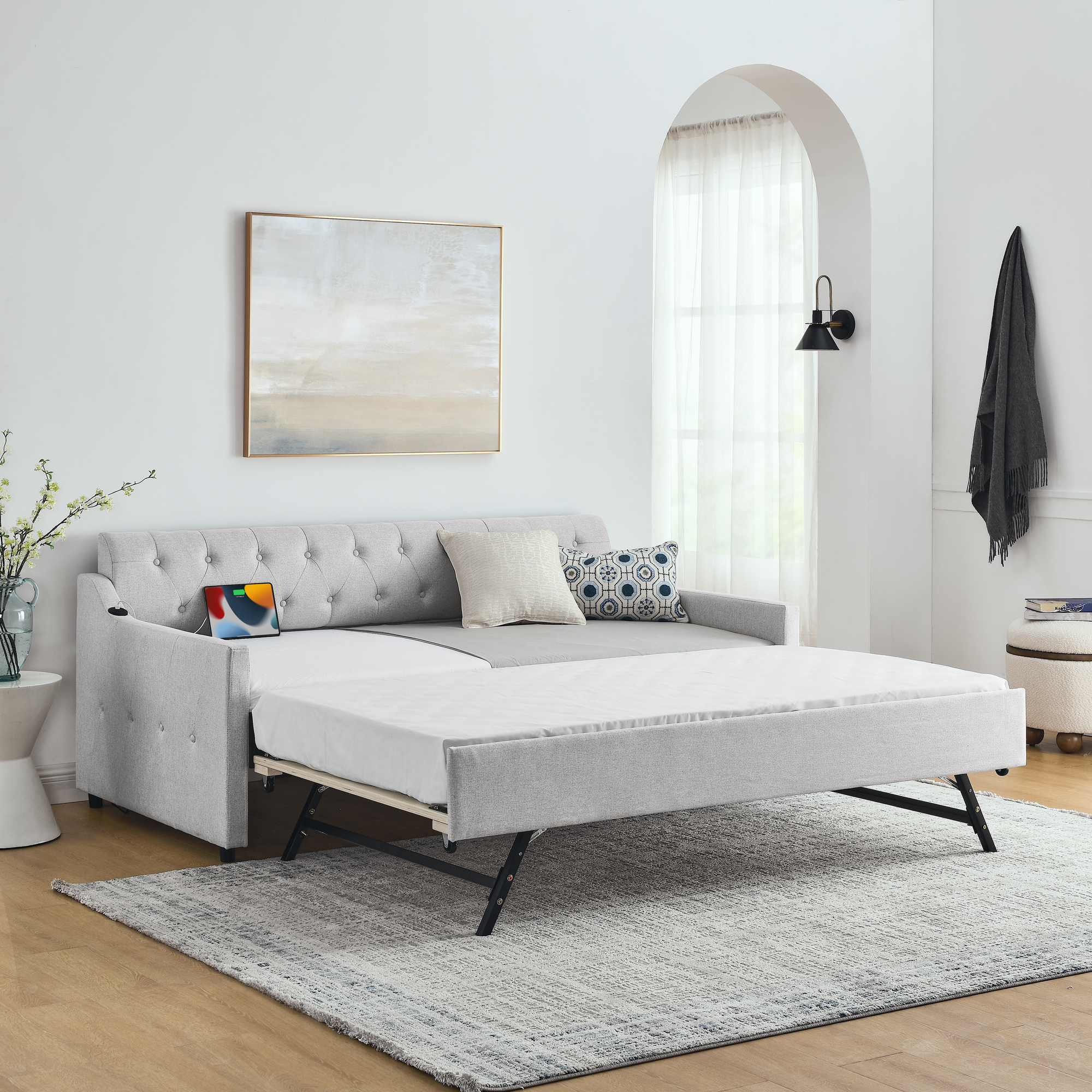Twin Size Upholstery DayBed with Twin Size Erectable Trundle and USB Charging Design, Linen Beige - Image 3