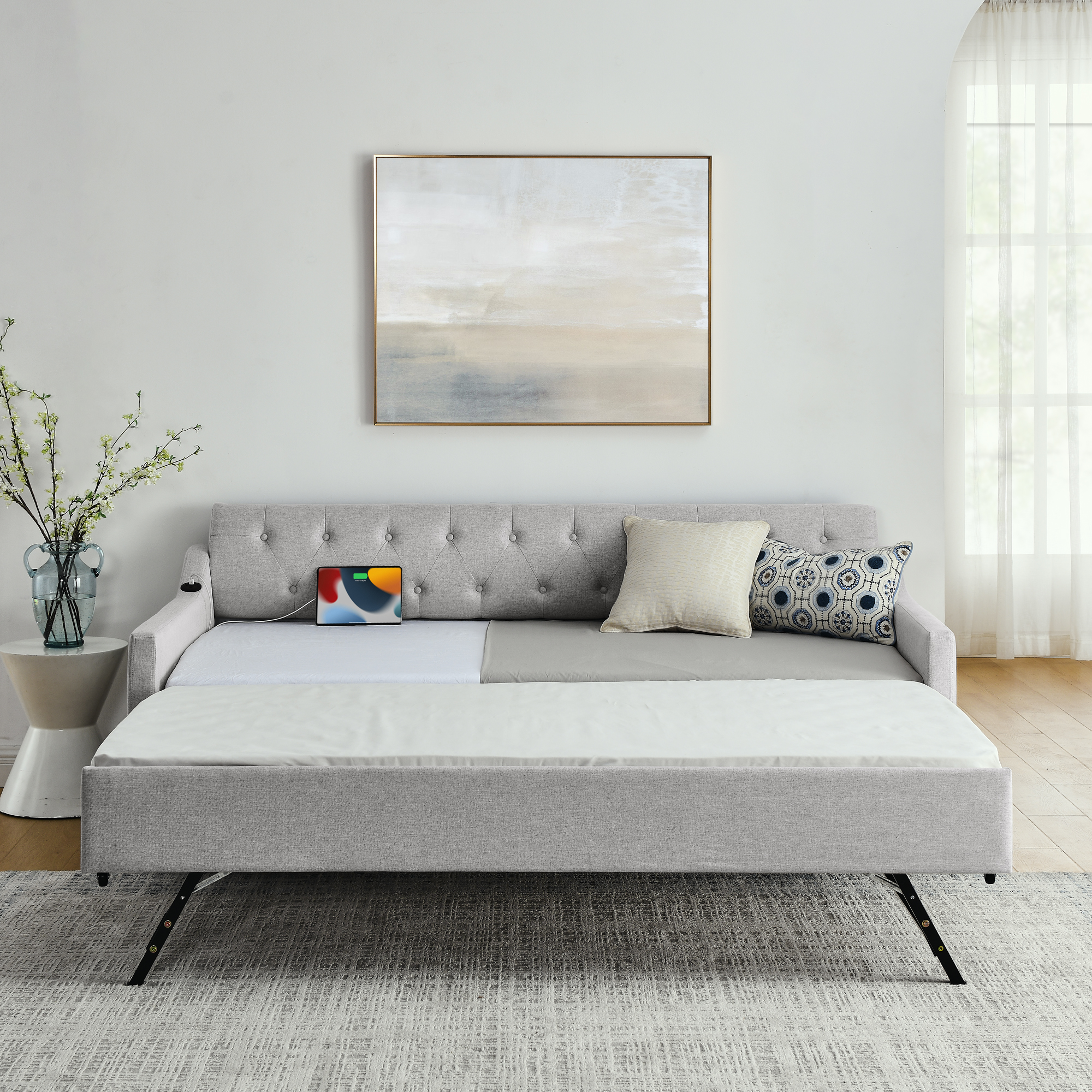Twin Size Upholstery DayBed with Twin Size Erectable Trundle and USB Charging Design, Linen Beige - Image 4