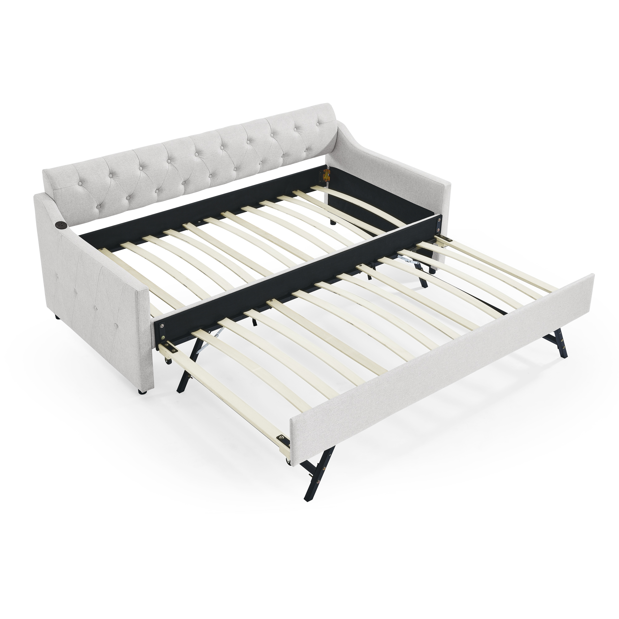 Twin Size Upholstery DayBed with Twin Size Erectable Trundle and USB Charging Design, Linen Beige - Image 5