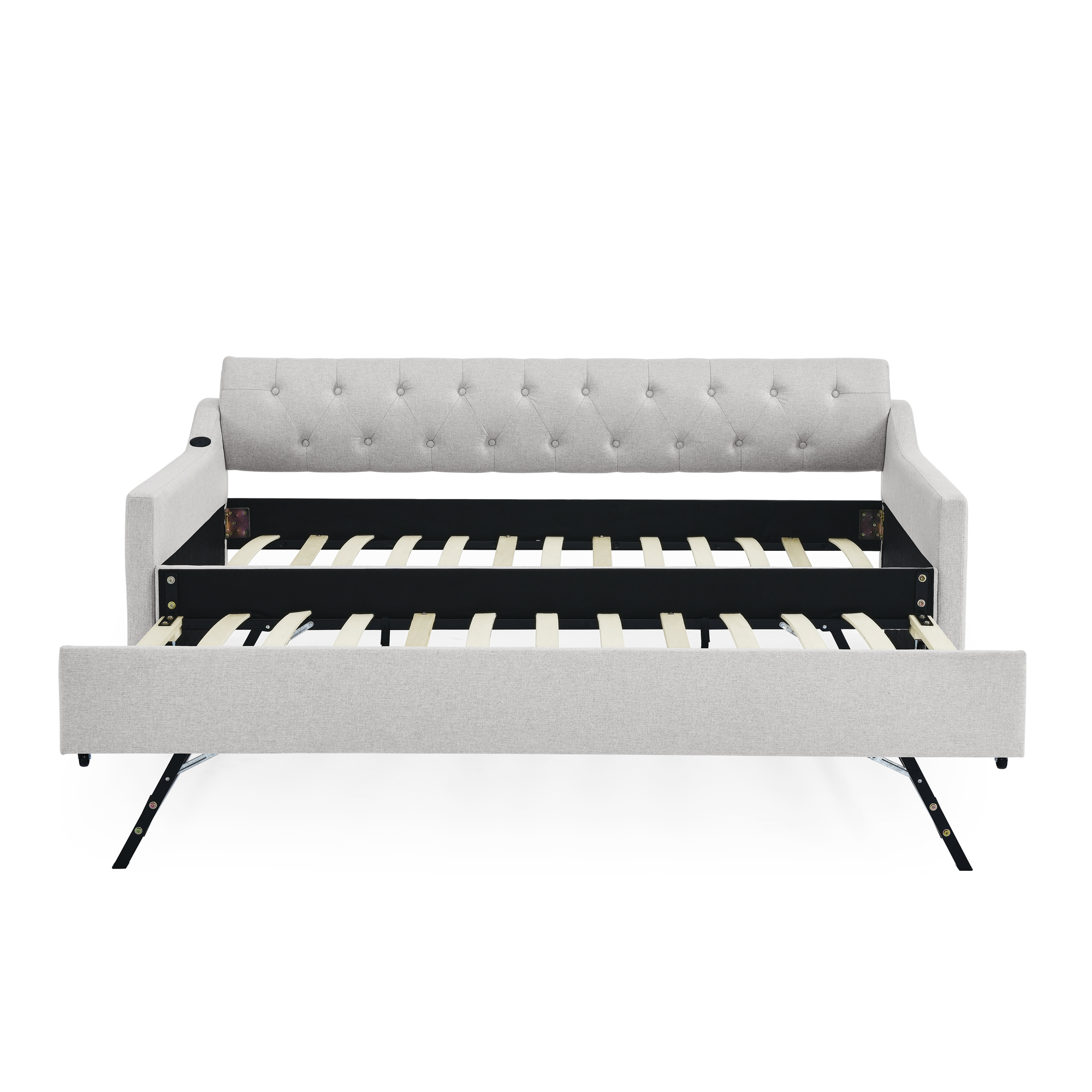 Twin Size Upholstery DayBed with Twin Size Erectable Trundle and USB Charging Design, Linen Beige - Image 6