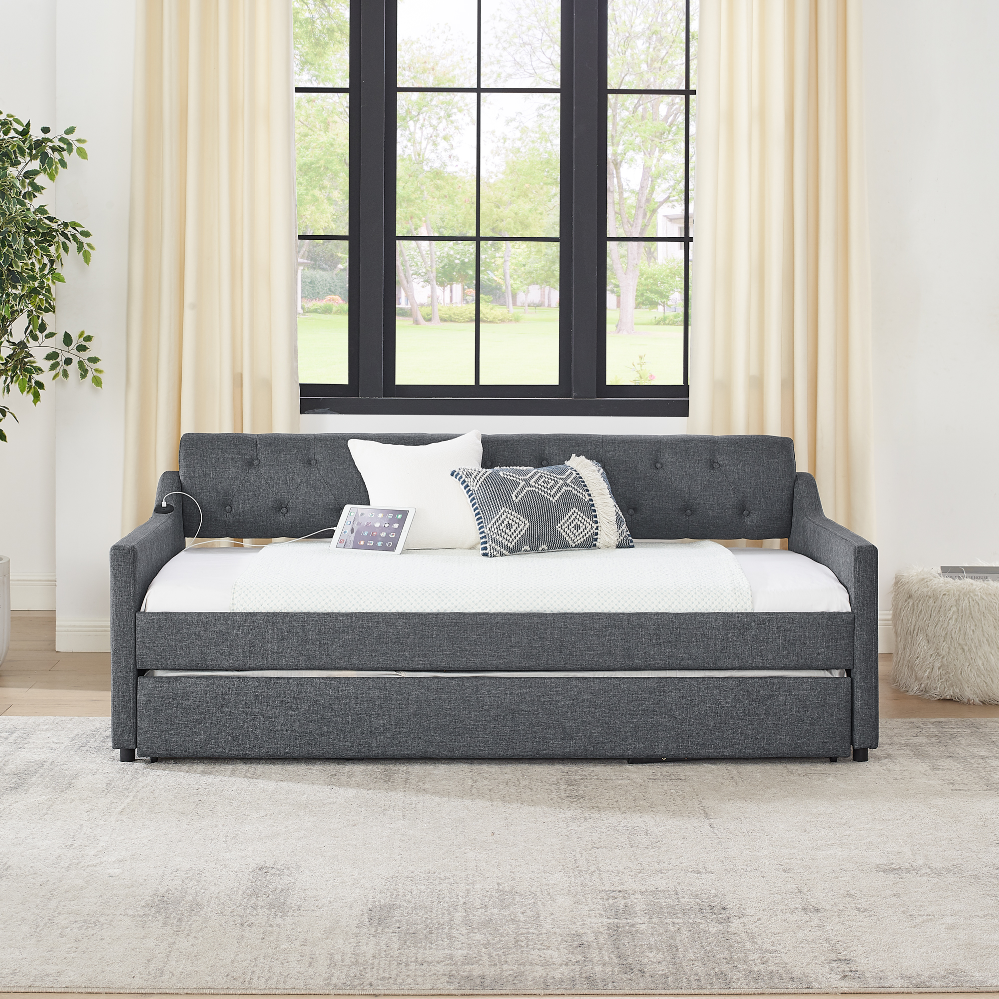 Twin Size Upholstery DayBed with Twin Size Erectable Trundle and USB Charging Design, Linen Dark Gray - Image 4
