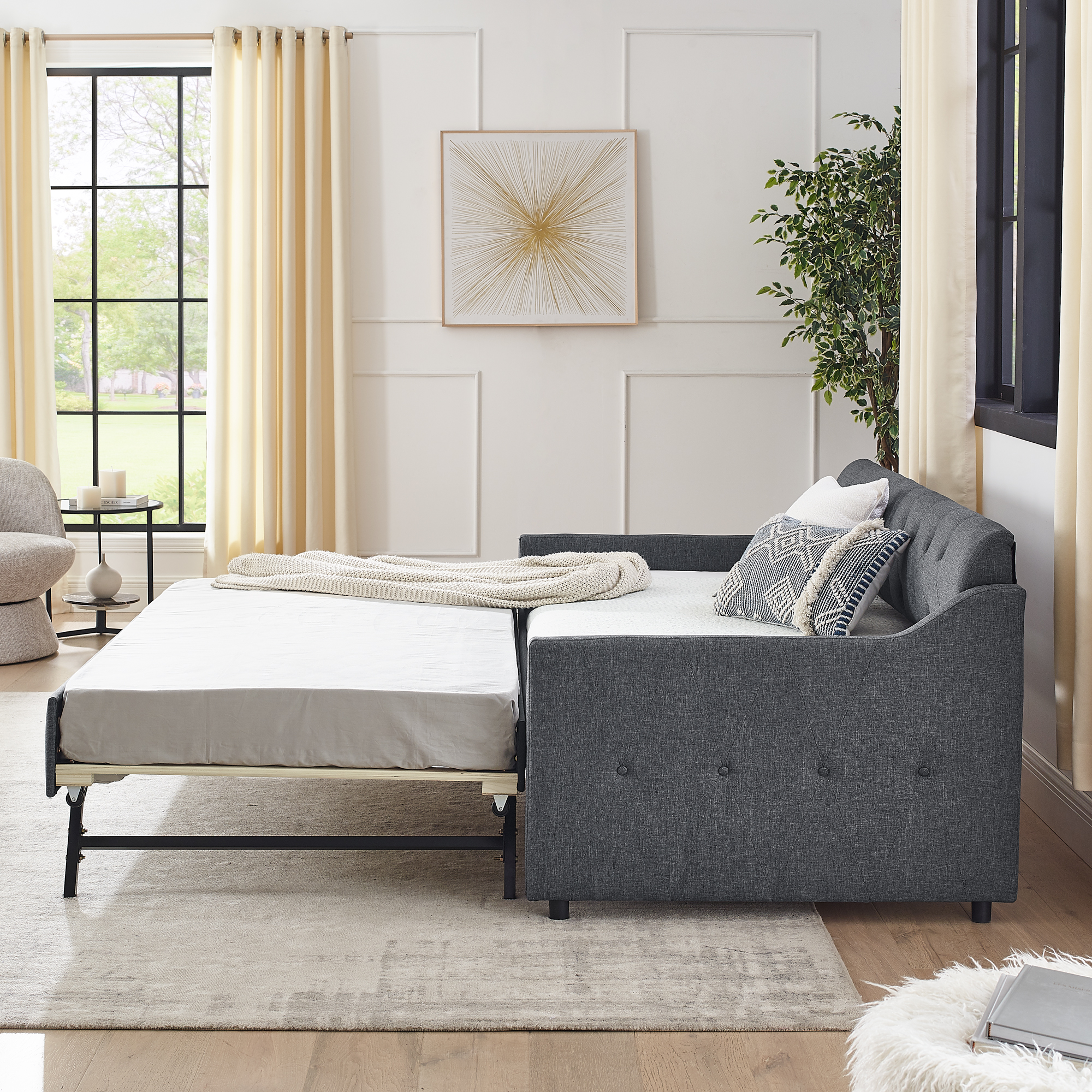 Twin Size Upholstery DayBed with Twin Size Erectable Trundle and USB Charging Design, Linen Dark Gray - Image 6