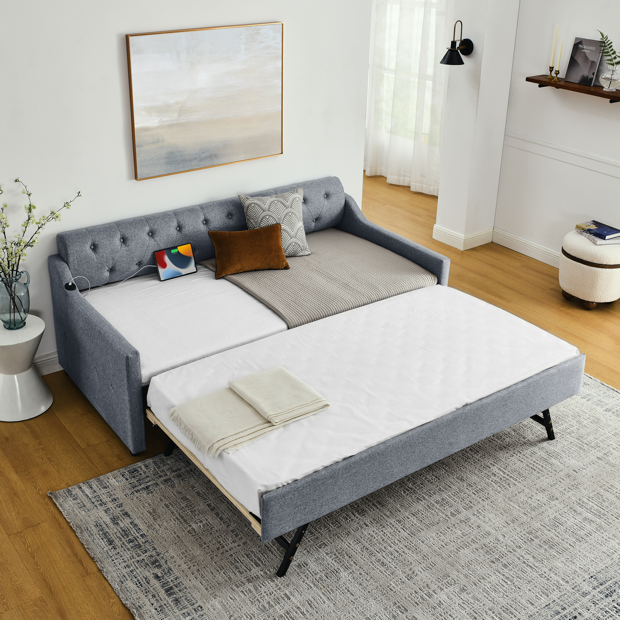 Twin Size Upholstery DayBed with Twin Size Erectable Trundle and USB Charging Design, Linen Grey - Image 2