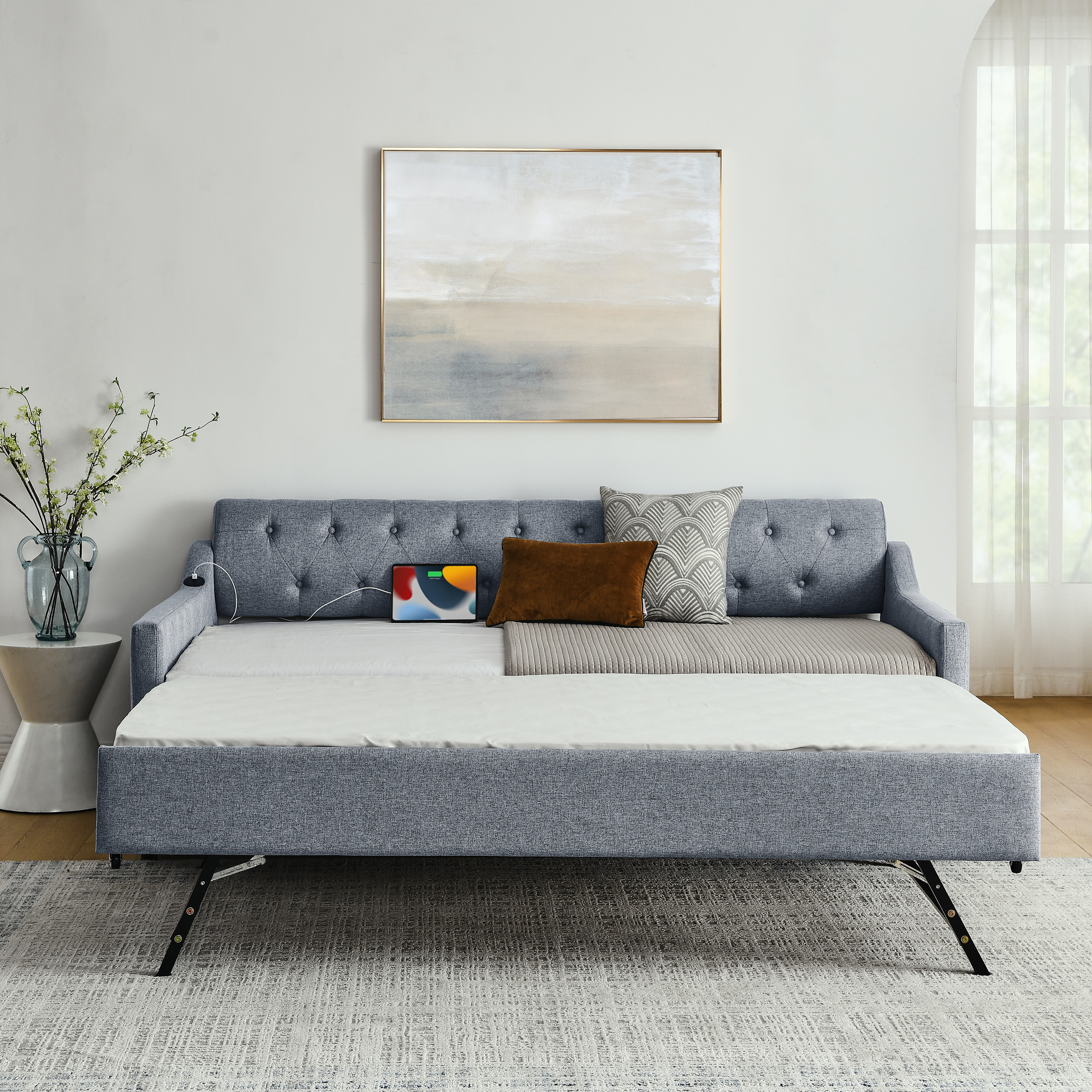 Twin Size Upholstery DayBed with Twin Size Erectable Trundle and USB Charging Design, Linen Grey - Image 3