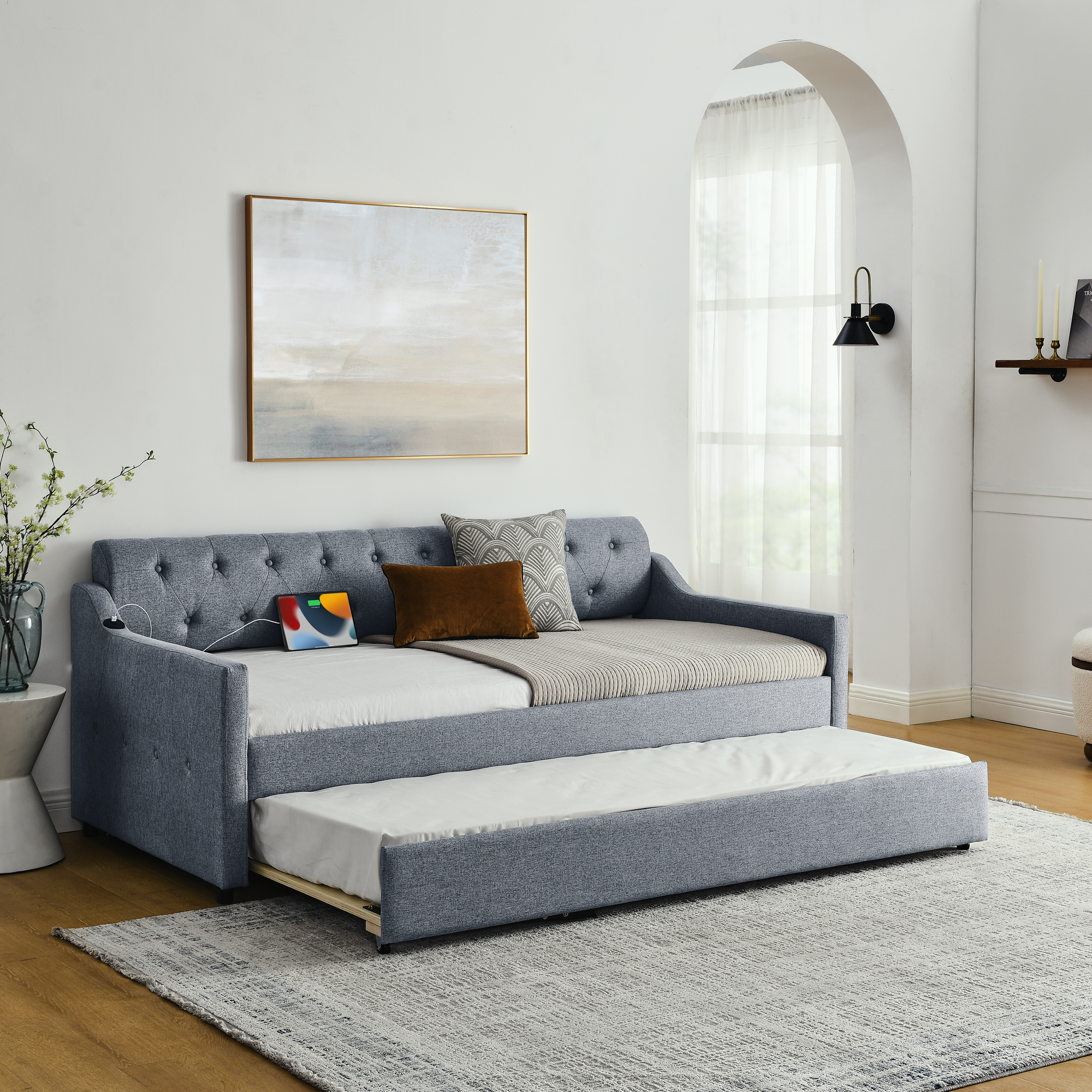 Twin Size Upholstery DayBed with Twin Size Erectable Trundle and USB Charging Design, Linen Grey - Image 4