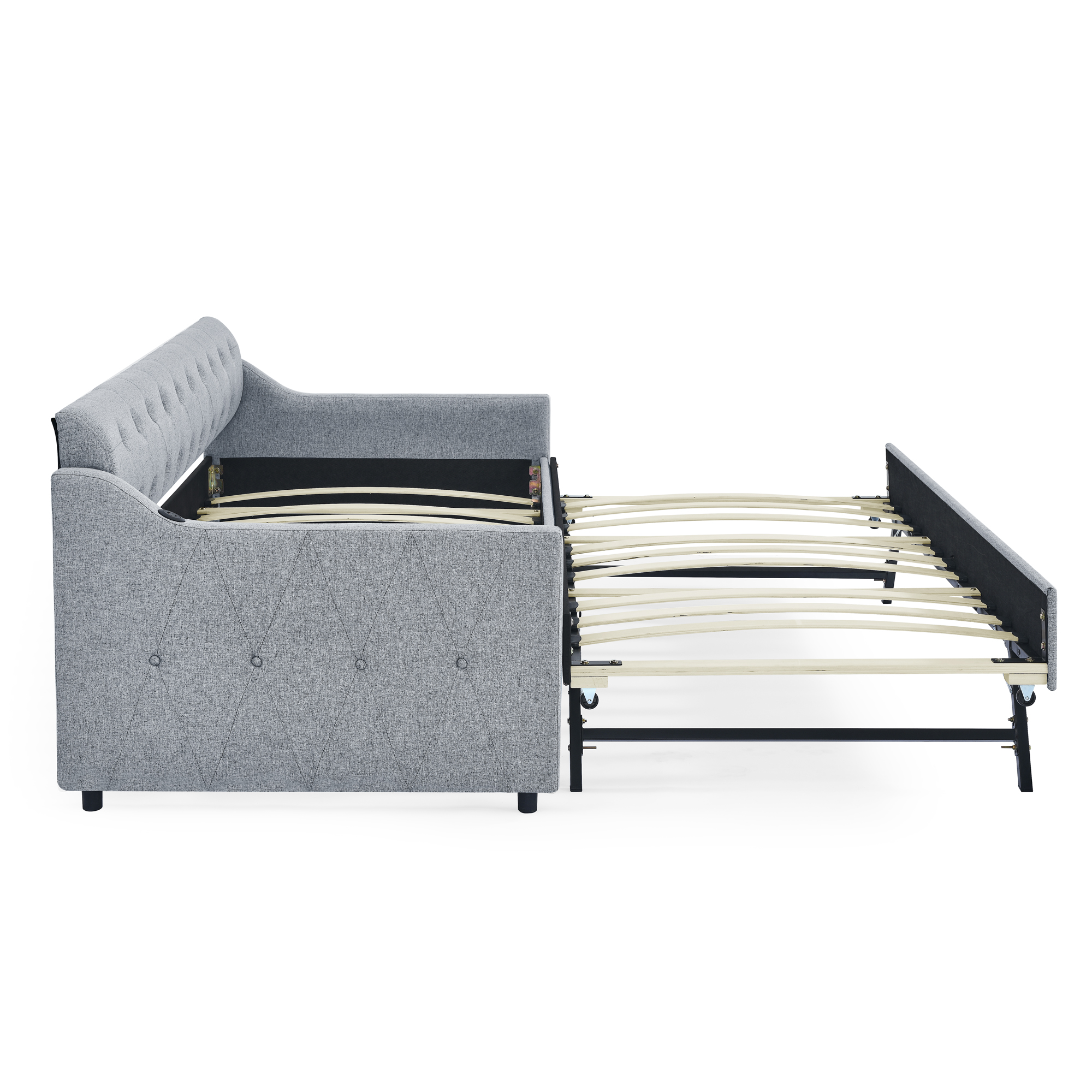 Twin Size Upholstery DayBed with Twin Size Erectable Trundle and USB Charging Design, Linen Grey - Image 6