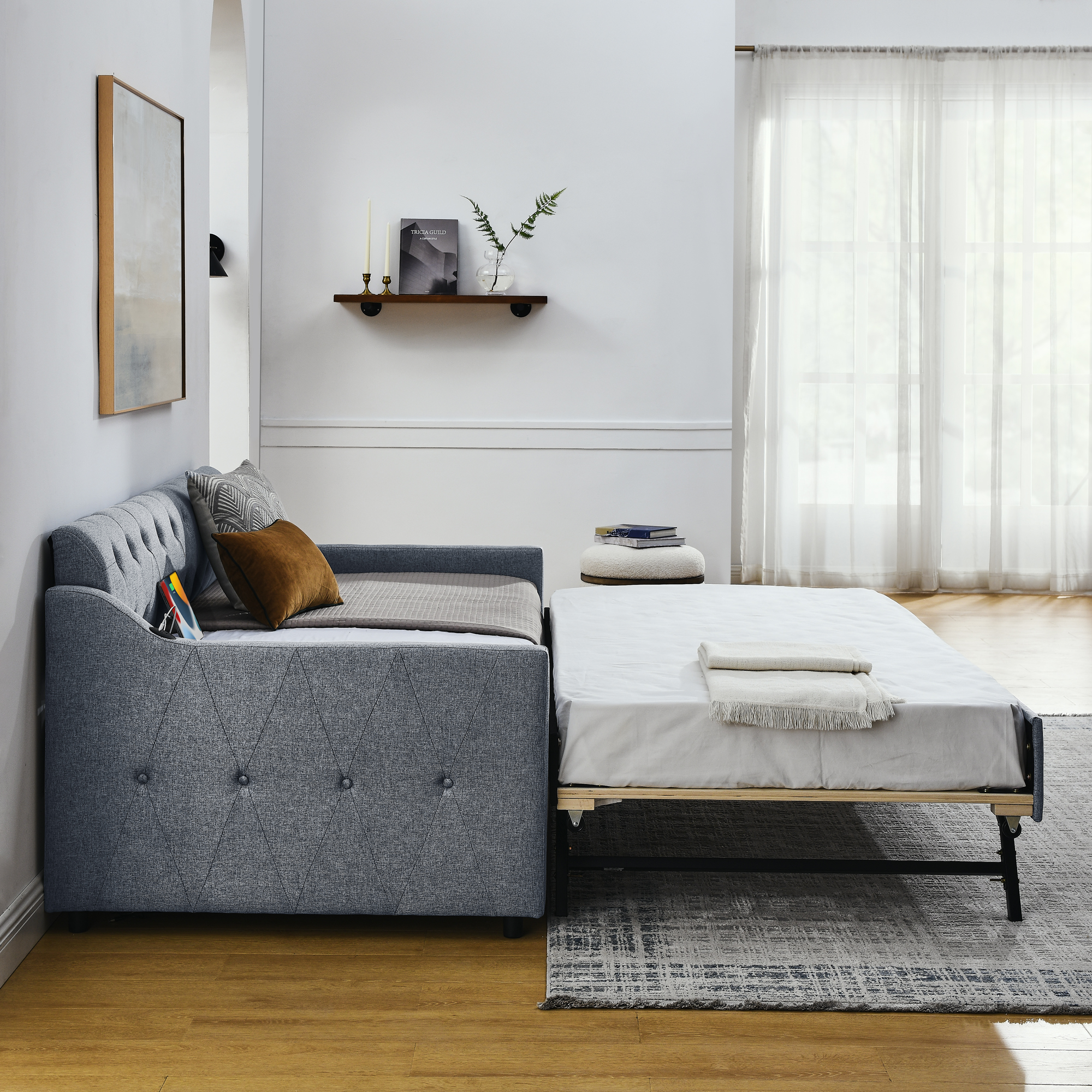 Twin Size Upholstery DayBed with Twin Size Erectable Trundle and USB Charging Design, Linen Grey - Image 5