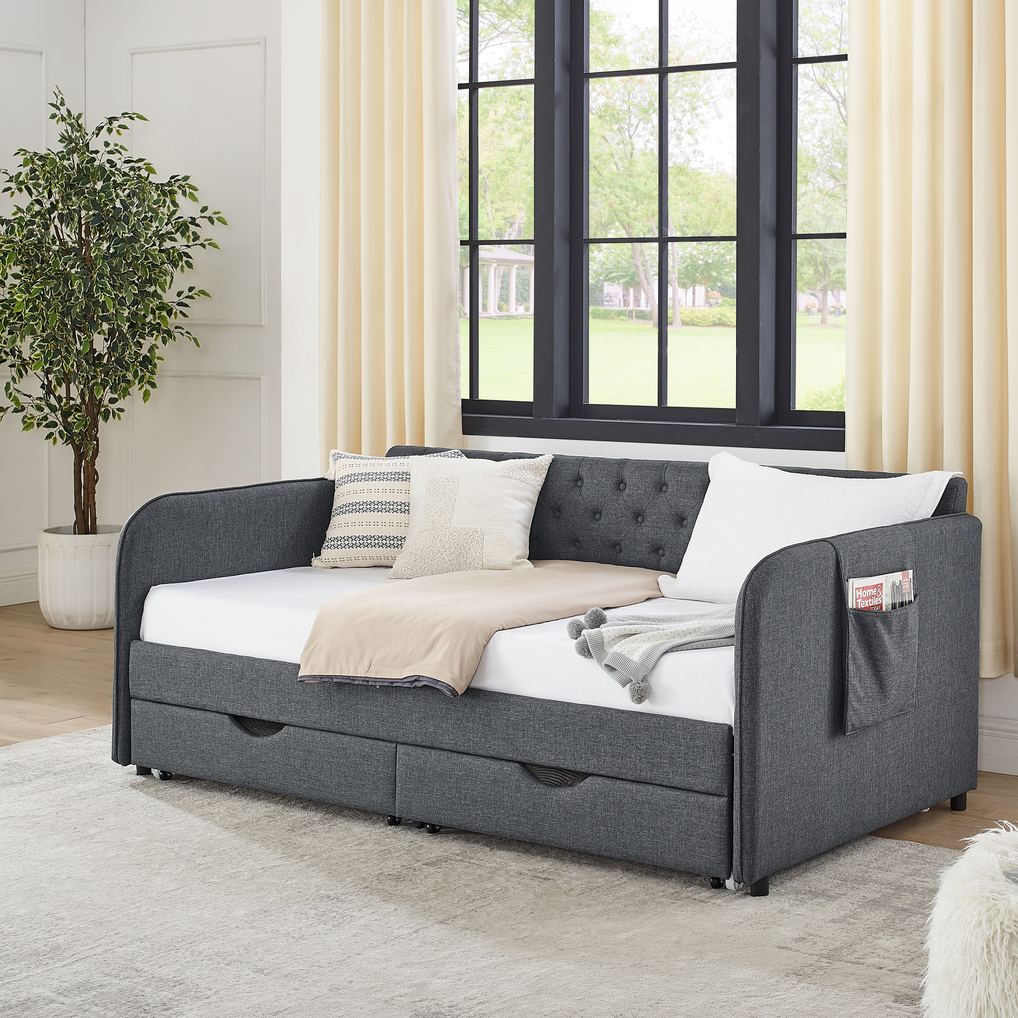 Twin Size Upholstery Daybed with Trundle Bed and Two Storage Drawers , Flat Arms with Pocket, Extendable Daybed for Bedroom Living Room,Linen Dark Gray - Image 2