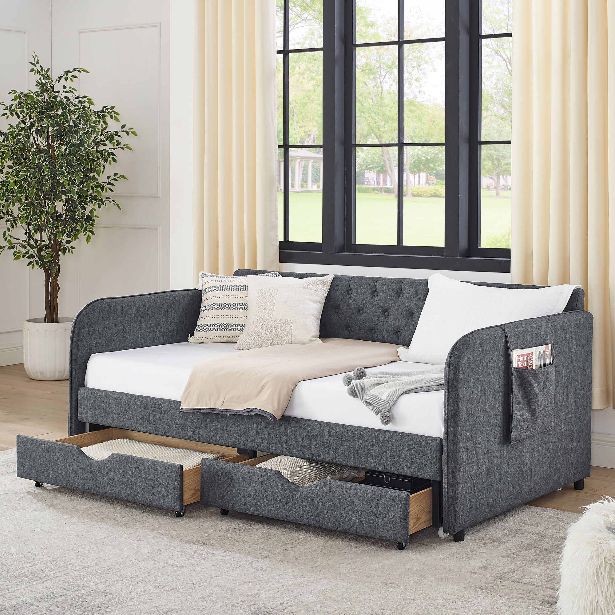 Twin Size Upholstery Daybed with Trundle Bed and Two Storage Drawers , Flat Arms with Pocket, Extendable Daybed for Bedroom Living Room,Linen Dark Gray - Image 3