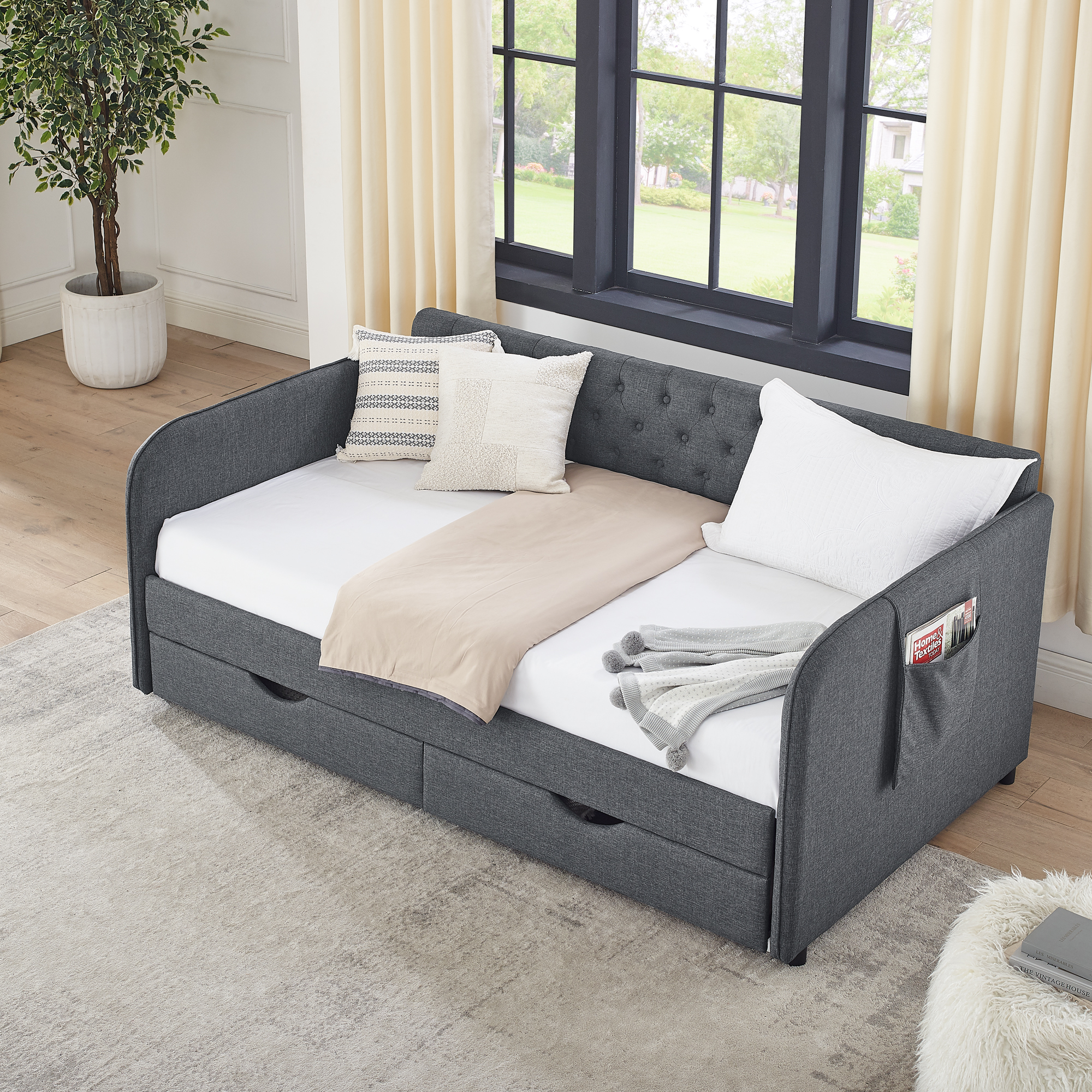 Twin Size Upholstery Daybed with Trundle Bed and Two Storage Drawers , Flat Arms with Pocket, Extendable Daybed for Bedroom Living Room,Linen Dark Gray - Image 4