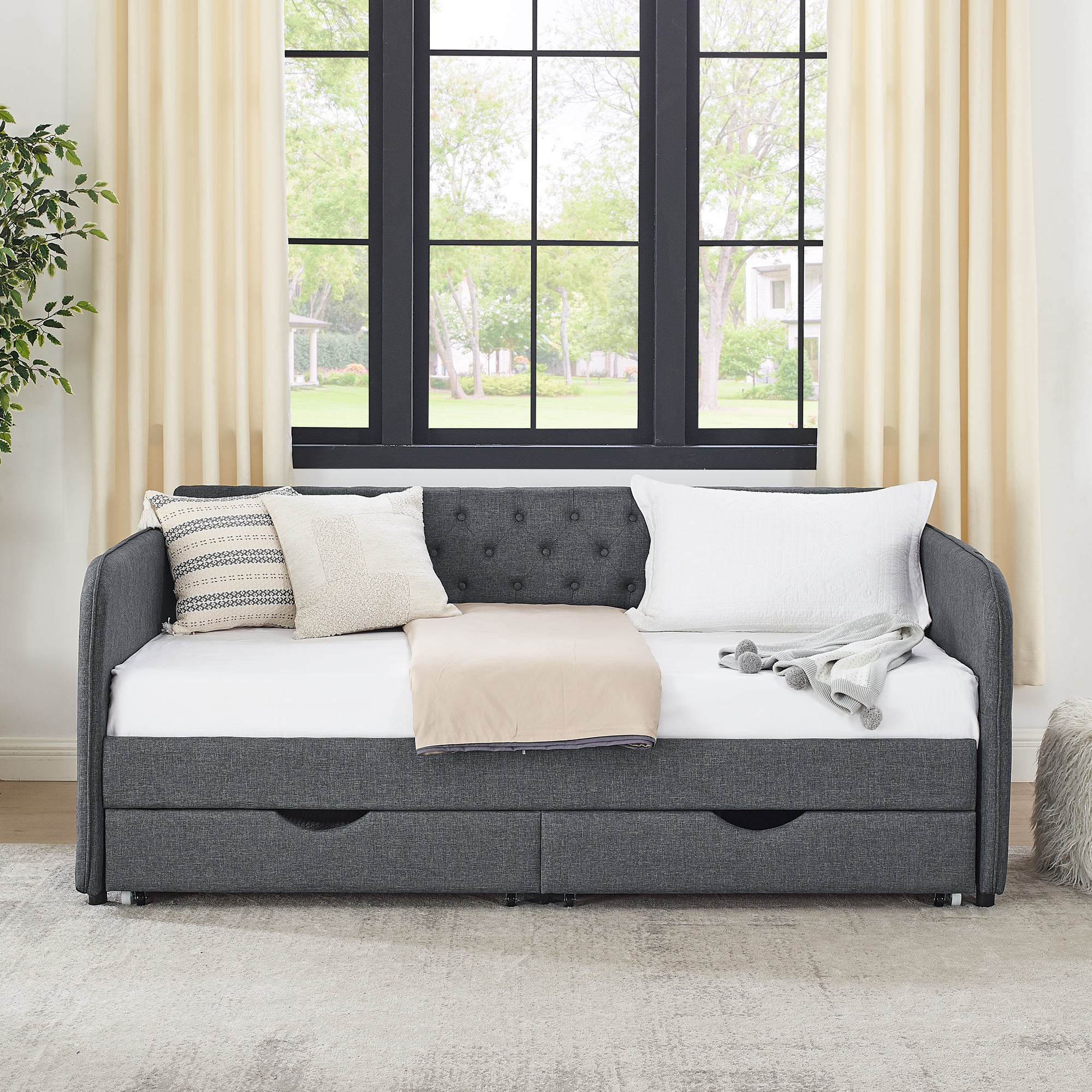 Twin Size Upholstery Daybed with Trundle Bed and Two Storage Drawers , Flat Arms with Pocket, Extendable Daybed for Bedroom Living Room,Linen Dark Gray - Image 5