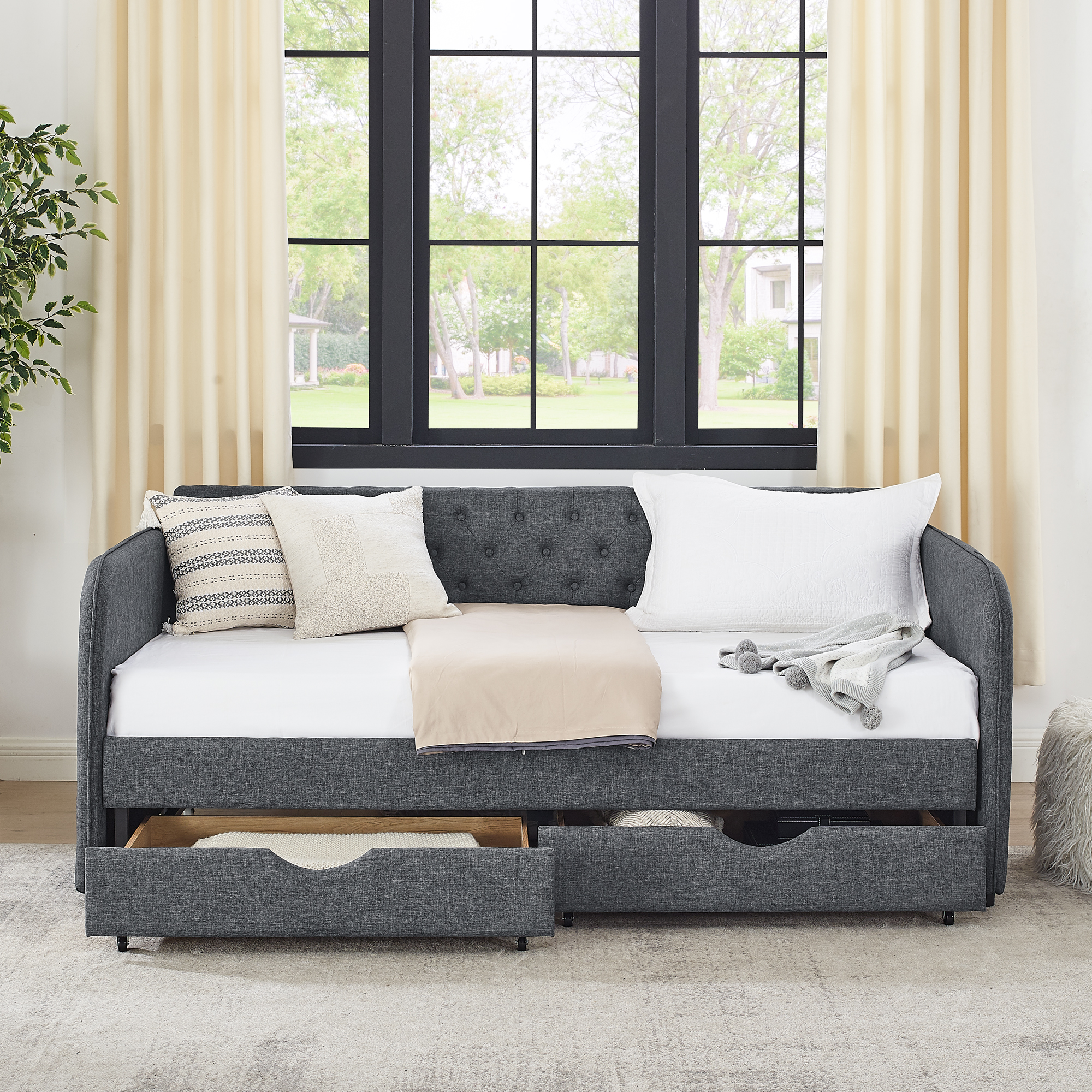 Twin Size Upholstery Daybed with Trundle Bed and Two Storage Drawers , Flat Arms with Pocket, Extendable Daybed for Bedroom Living Room,Linen Dark Gray - Image 6