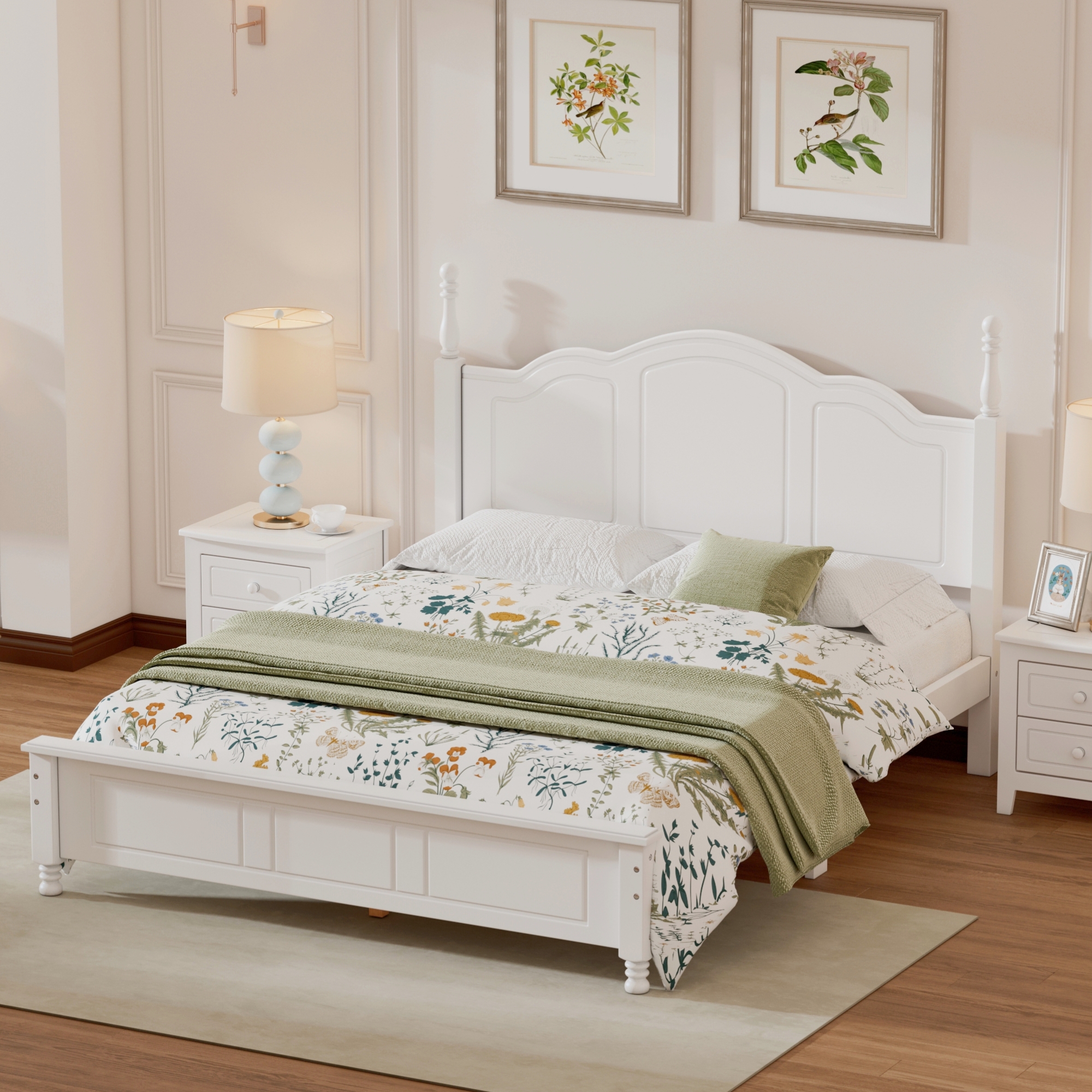 Queen Size Wood Platform Bed Frame,Retro Style Platform Bed with Wooden Slat Support,White - Image 2