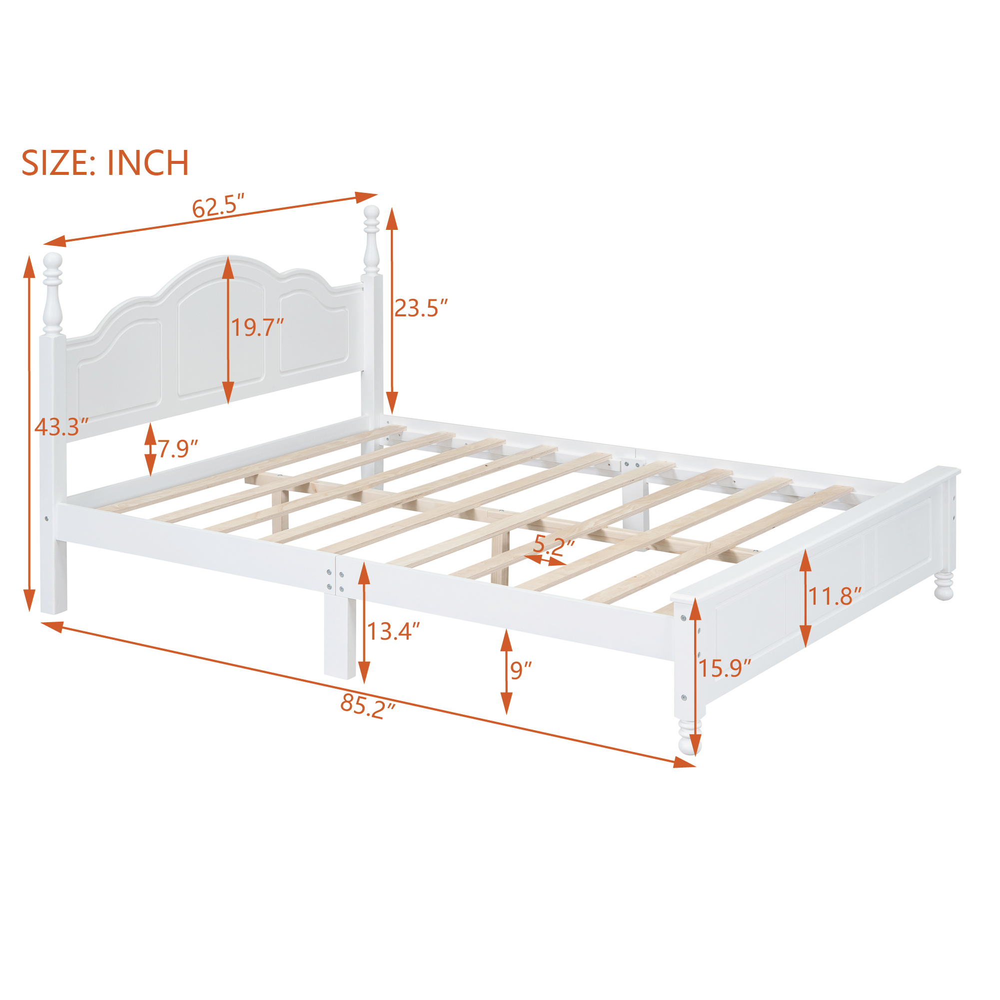 Queen Size Wood Platform Bed Frame,Retro Style Platform Bed with Wooden Slat Support,White - Image 6